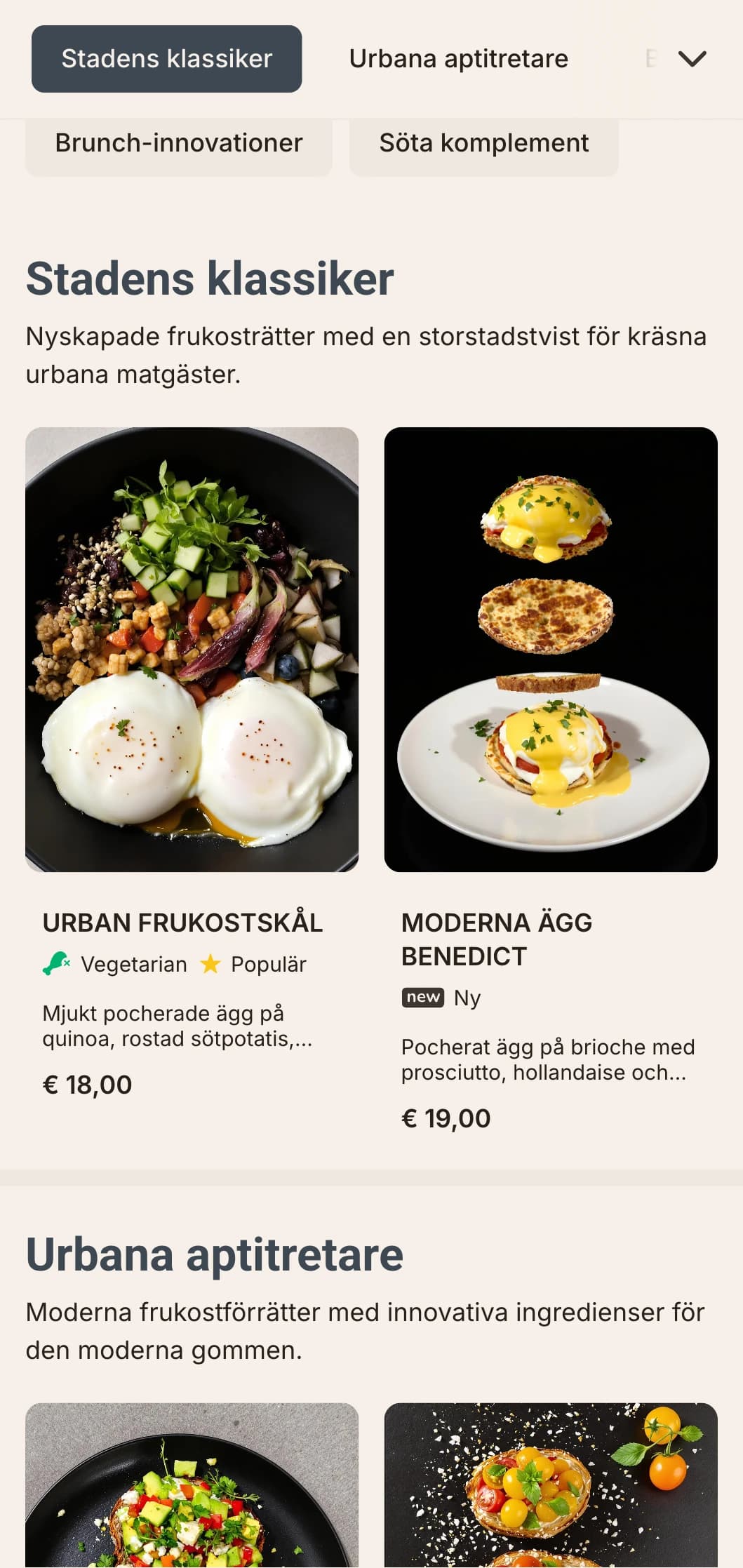 Snygga, moderna frukostalternativ för den moderna stadsmänniskan, med minimalistisk presentation och innovativa smakkombinationer.