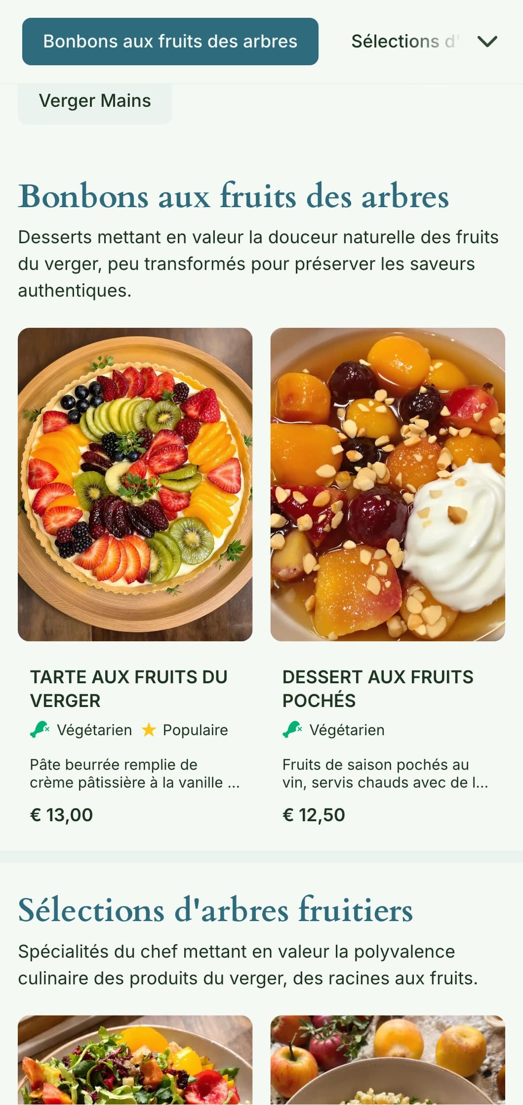 Menu déjeuner fruité, inspiré du verger, avec des éléments saisonniers et une abondance naturelle, idéal pour les restaurants utilisant des fruits d'arbres et des produits du verger.
