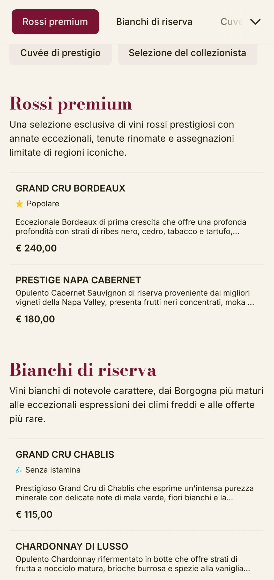 Modello di carta dei vini di lusso con ricchi accenti bordeaux e tipografia sofisticata, ideale per steakhouse e cantine di alto livello.