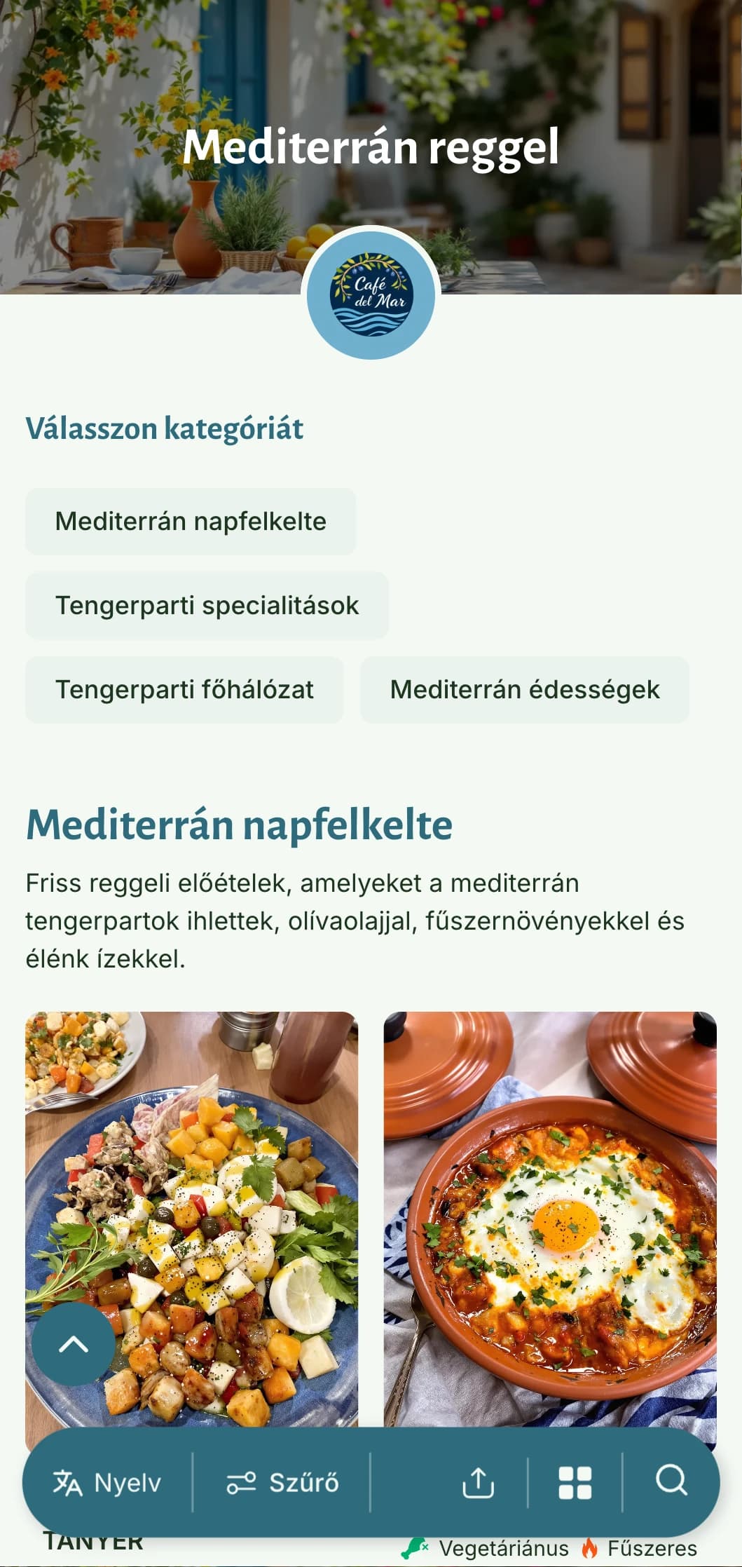 Világos, légies, mediterrán hatású brunch sablon, amely tökéletes az egészséges, olívaolaj alapú reggeli ételeket kínáló kávézók számára.
