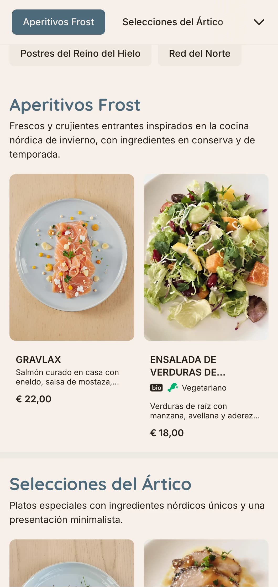 Un menú fresco y nítido con influencias del invierno escandinavo, con tonos azul hielo y líneas limpias, perfecto para la cocina nórdica.