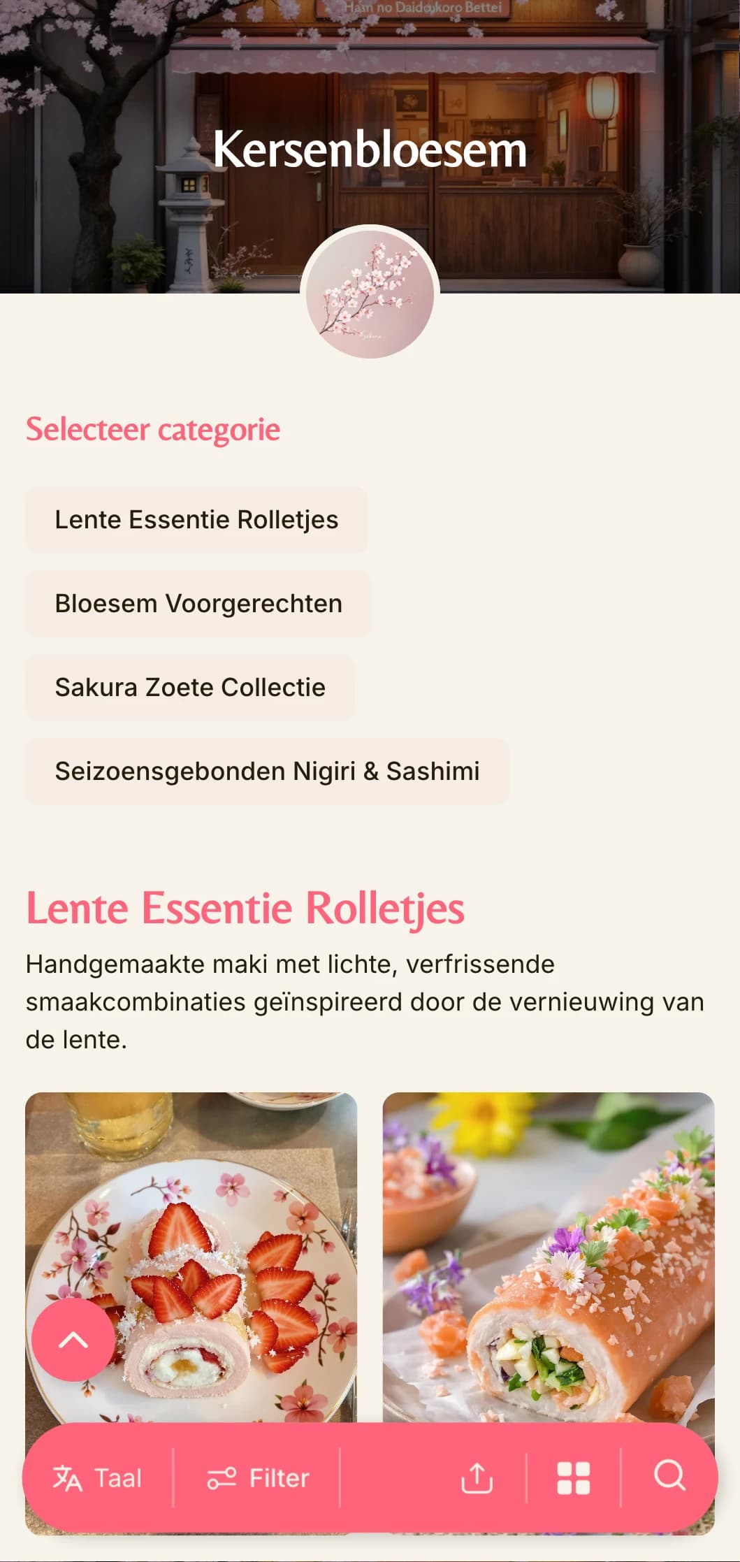Delicaat, lente-geïnspireerd sushi-menu met zachtroze kersenbloesemaccenten tegen een warme crèmekleurige achtergrond.
