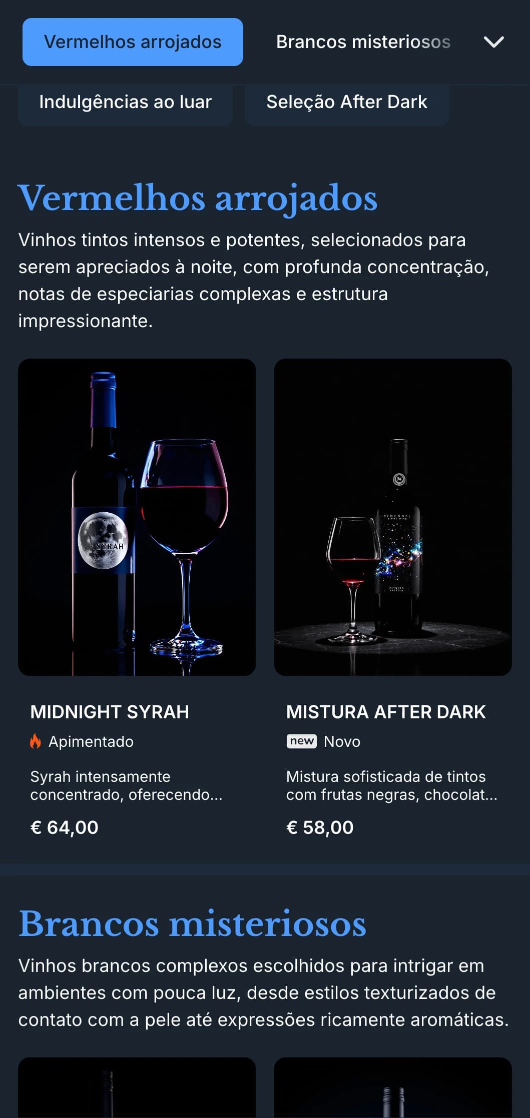 Modelo de carta de vinhos com atmosfera profunda, com detalhes em azul elétrico e fundo à meia-noite, ideal para locais noturnos e experiências exclusivas com vinhos.