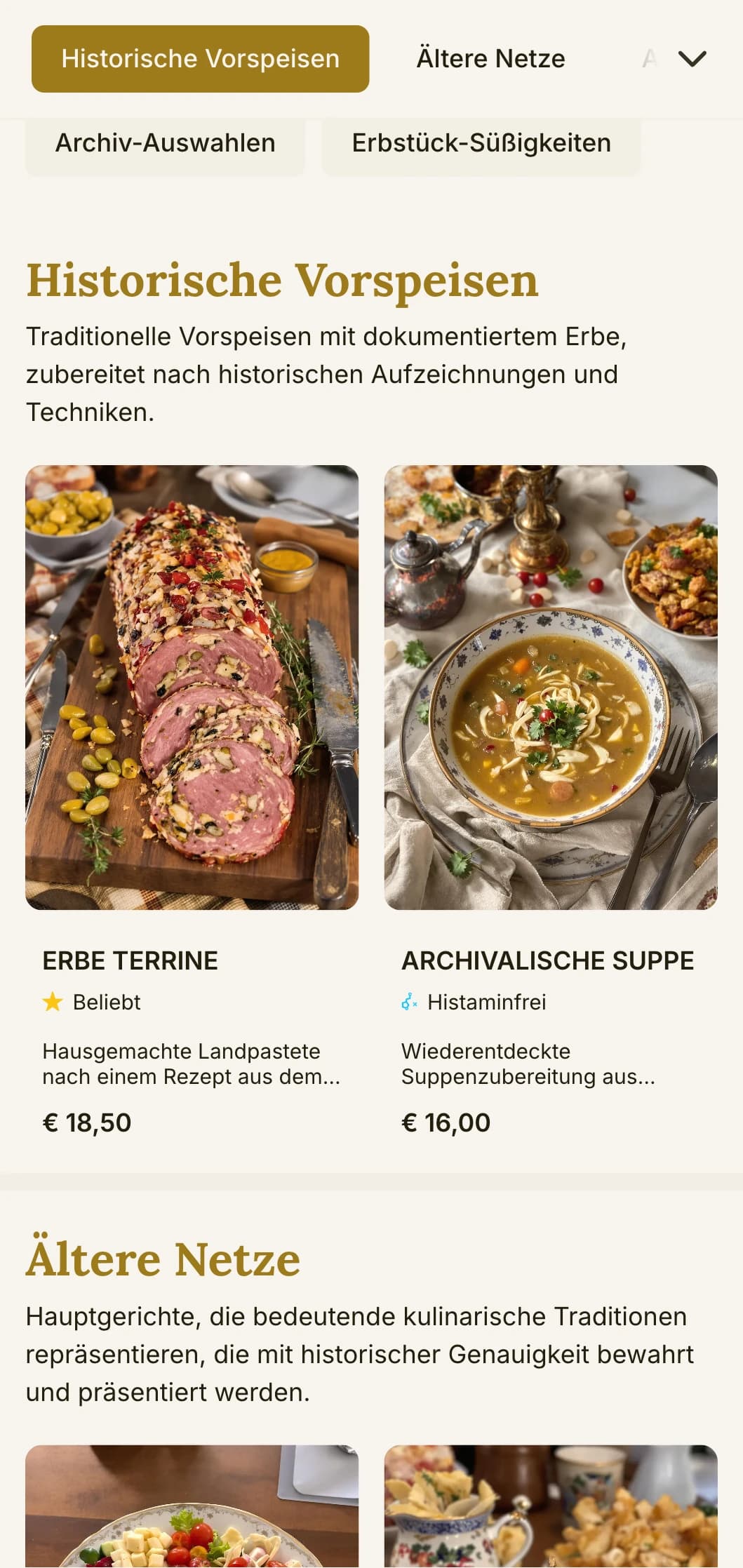 Historisches, auf das Erbe fokussiertes Design für Mittagsmenüs mit traditionellen Elementen und zeitloser Typografie, geeignet für denkmalgeschützte Restaurants und Einrichtungen mit langer Geschichte.