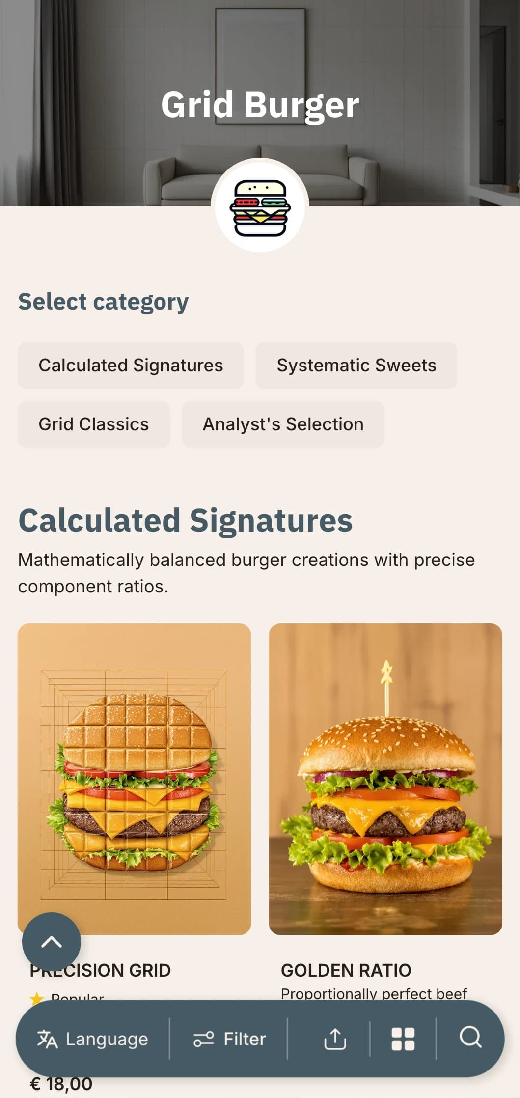Mathematical precision burger concept with grid layouts and systematic presentation.
