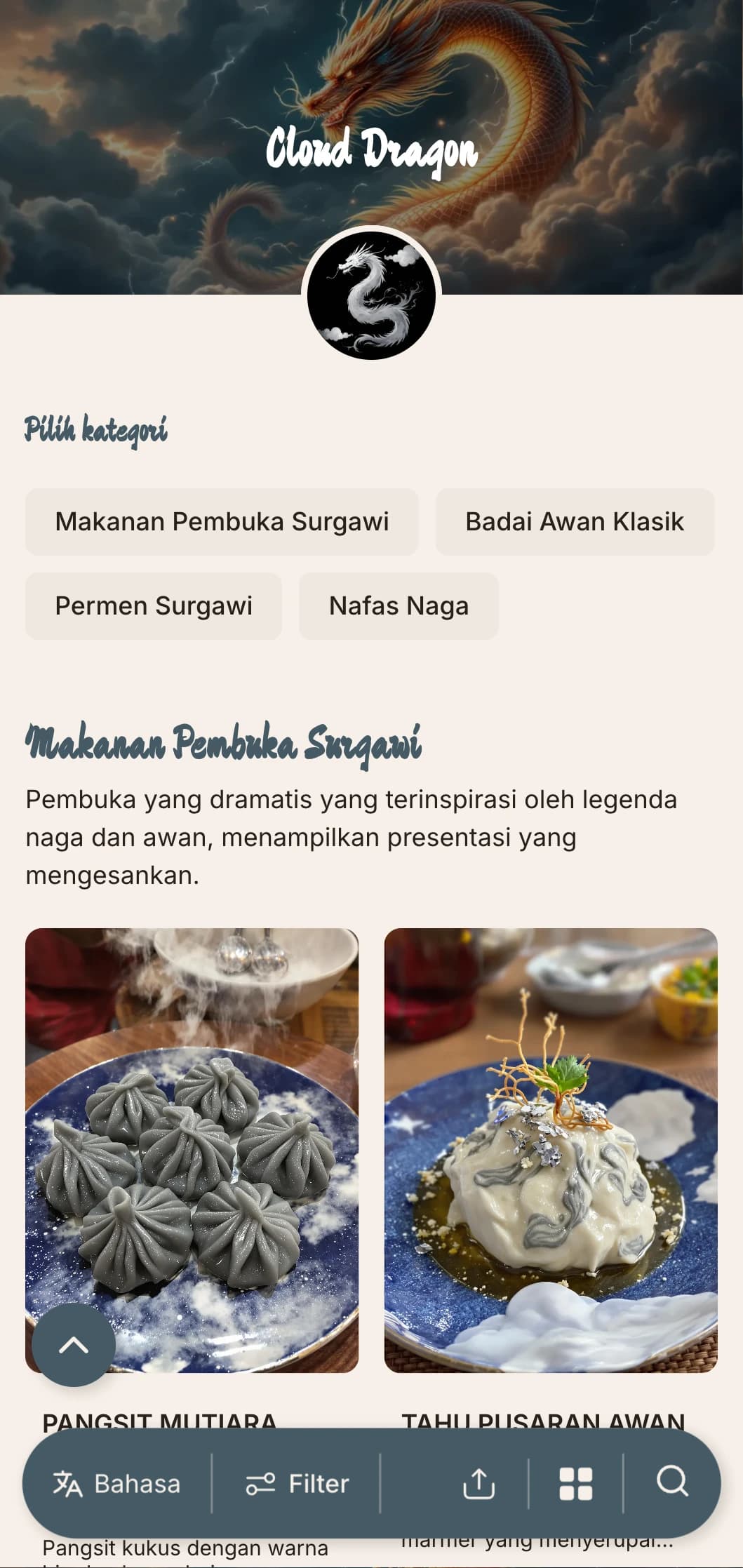 Desain menu Tiongkok yang dramatis menampilkan motif awan dan naga, dengan elemen yang kuat untuk hidangan kekaisaran yang otentik.