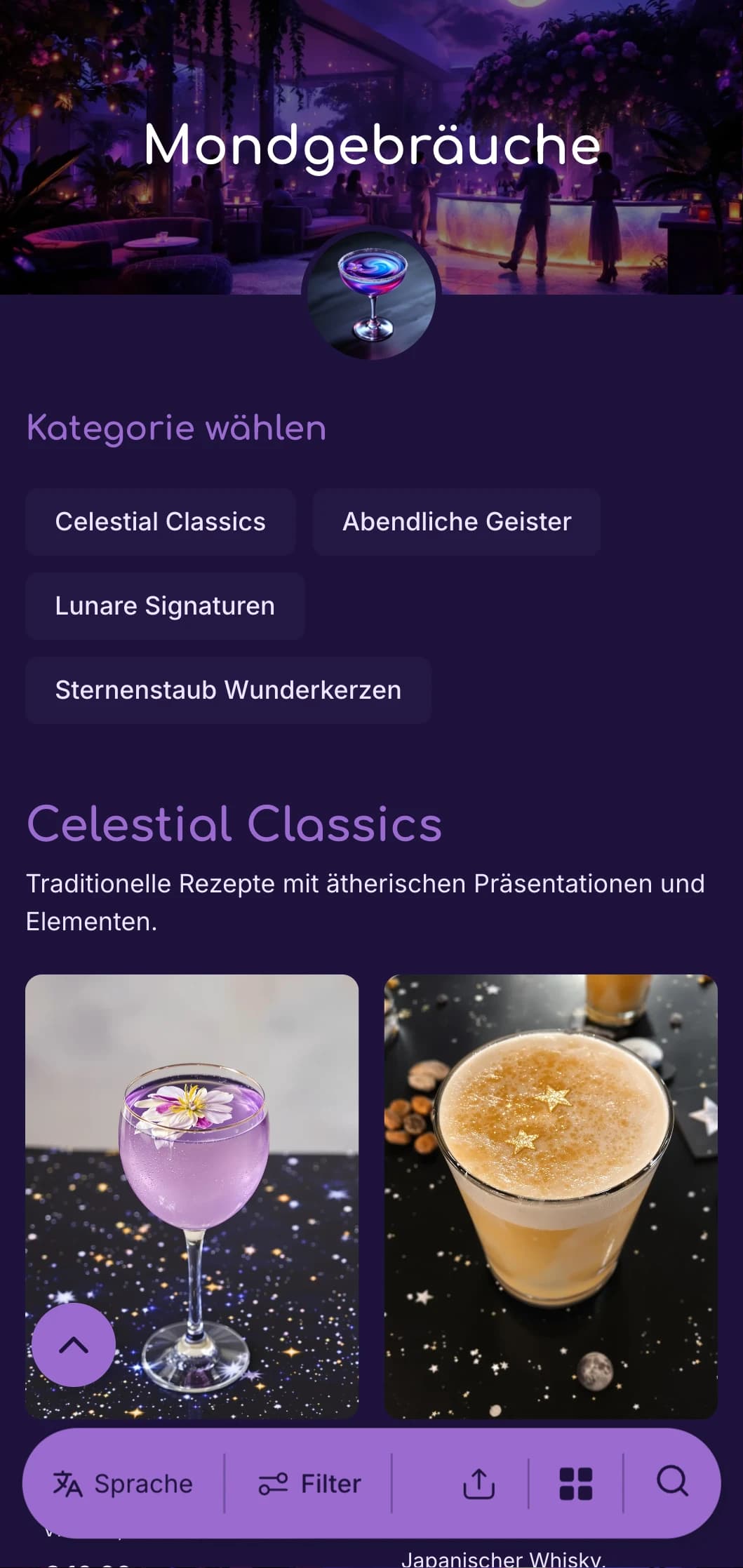 Verträumtes lilafarbenes Design mit Mondphasen für Cocktailbars mit nächtlichen Themen.