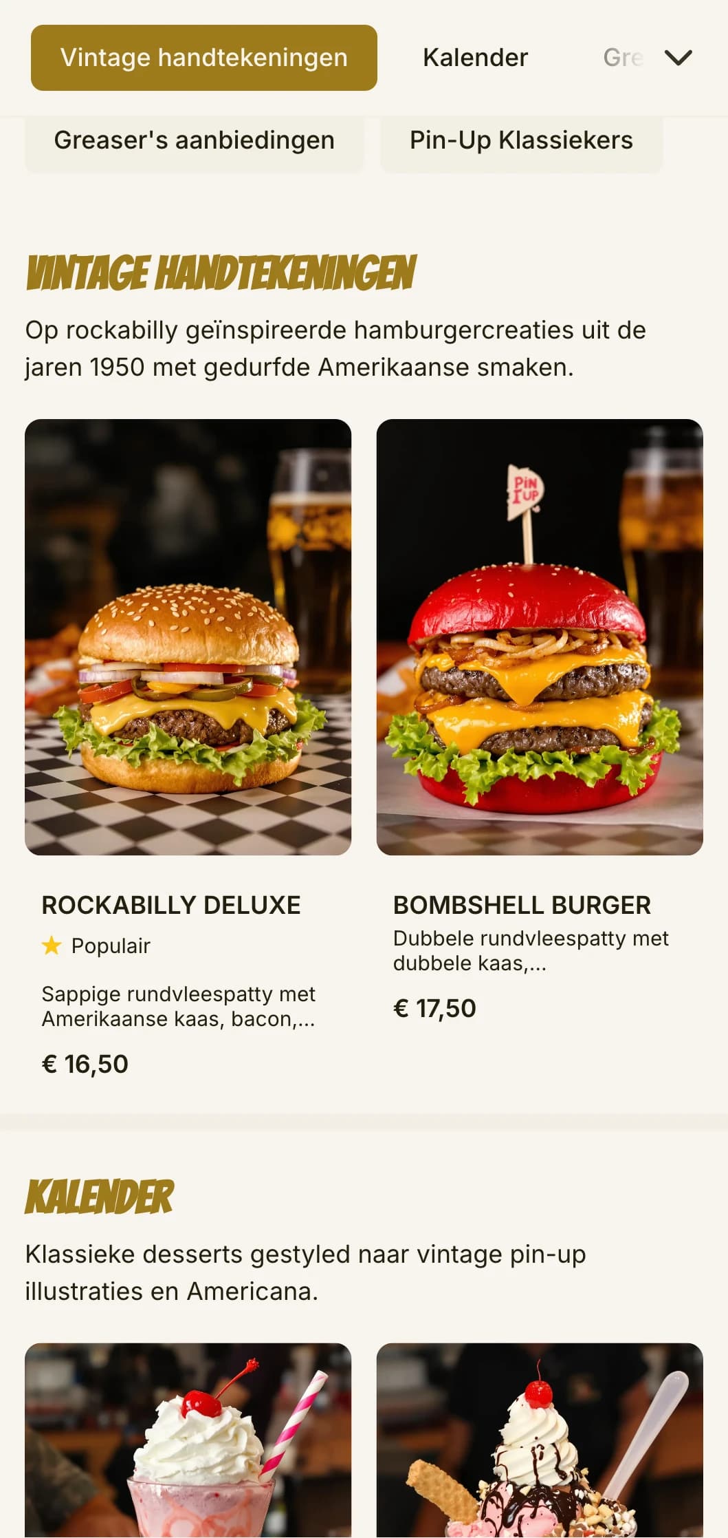 Op rockabilly geïnspireerde hamburgertent met vintage pin-up kunst en jaren 50 nostalgie.