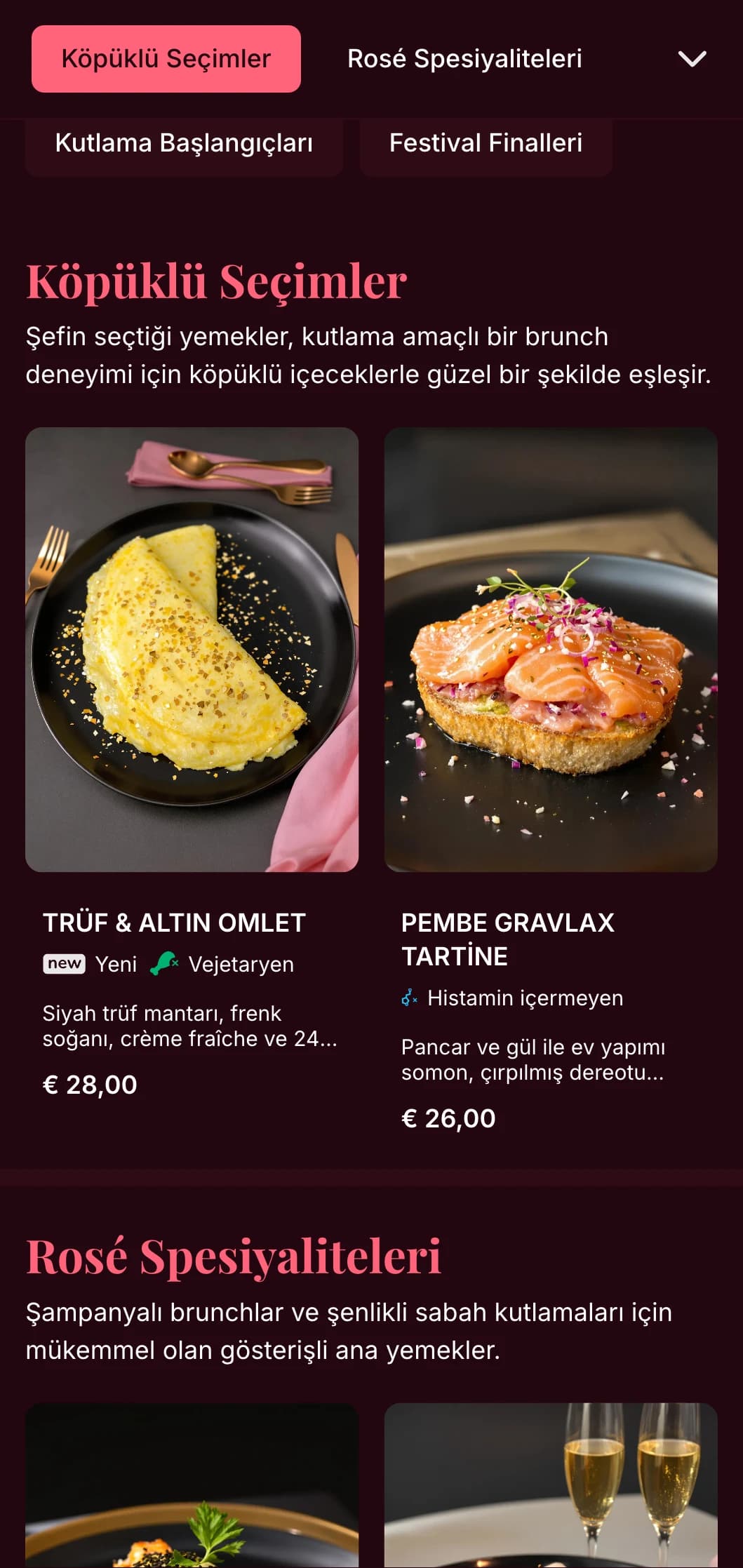 Şampanyalı brunchlar ve kutlama amaçlı yemek deneyimleri için mükemmel, altın desenli, pembe temalı lüks brunch şablonu.