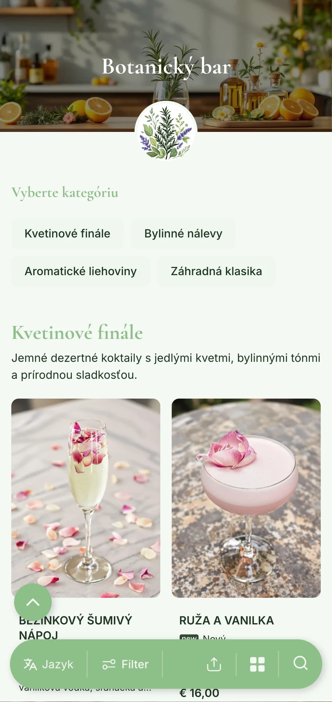 Svieži, záhradou inšpirovaný dizajn menu pre bary špecializujúce sa na bylinkové a botanické koktaily.