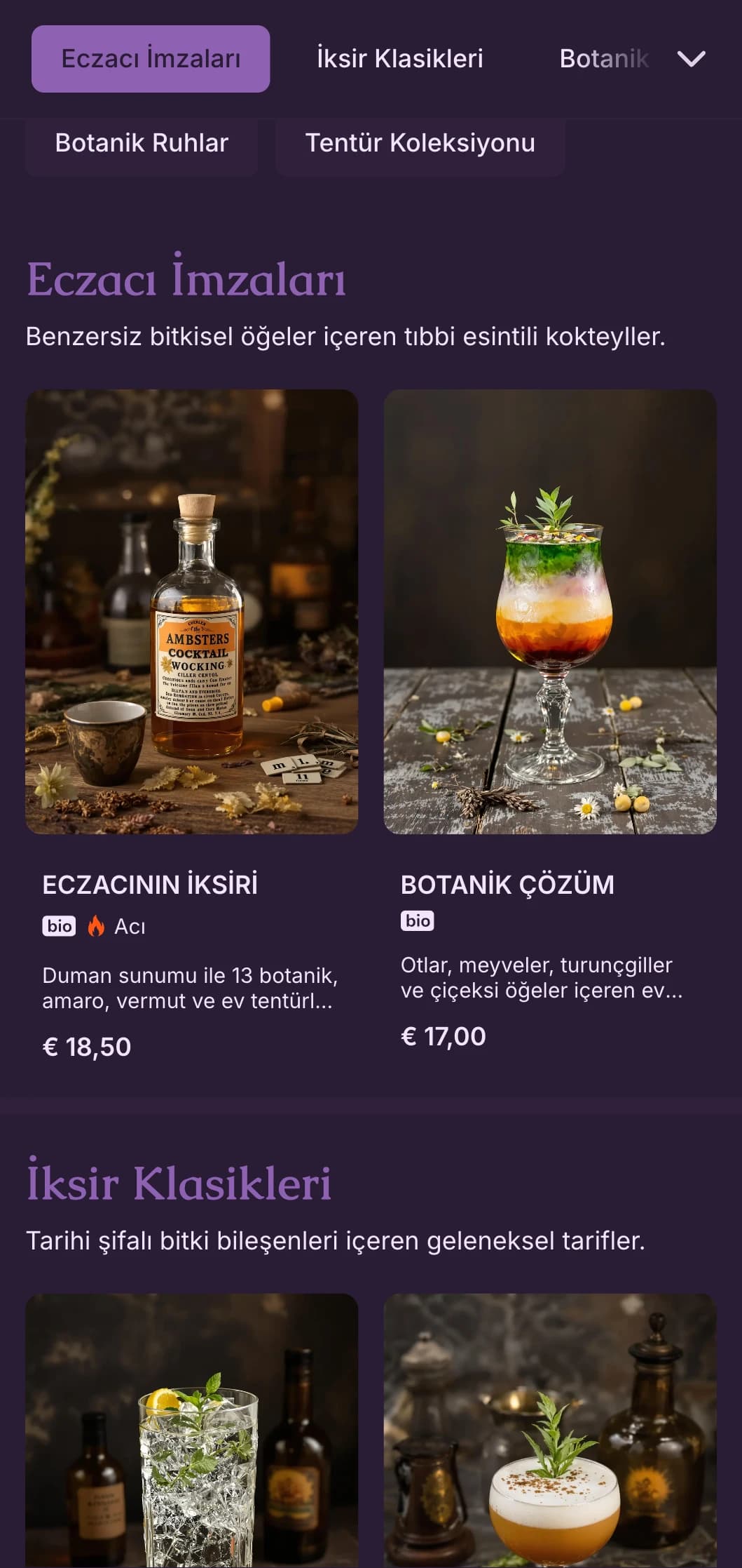 El yapımı kokteyl laboratuvarları için botanik illüstrasyonlara sahip gizemli mor tasarım.