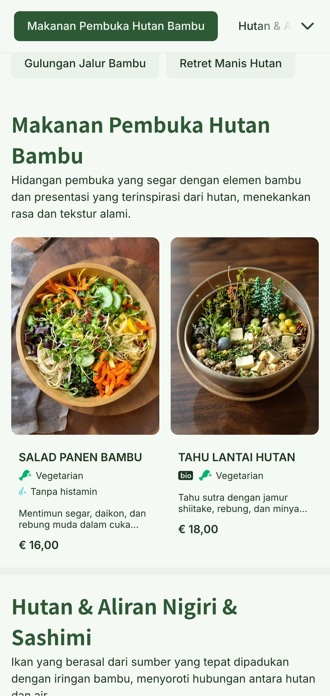 Menu sushi yang terinspirasi dari bambu dengan nuansa hijau hutan dan elemen organik untuk tempat makan yang otentik.