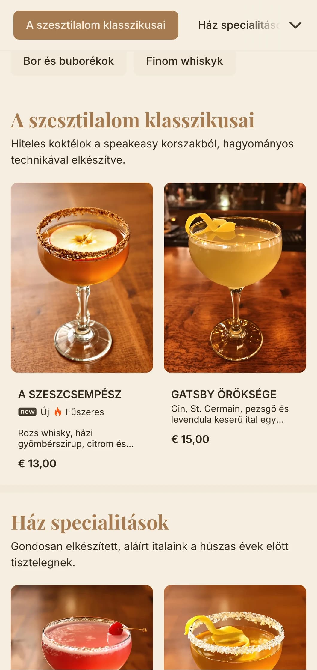 Klasszikus, a szesztilalom kora ihlette design meleg barna tónusokkal és elegáns tipográfiával.