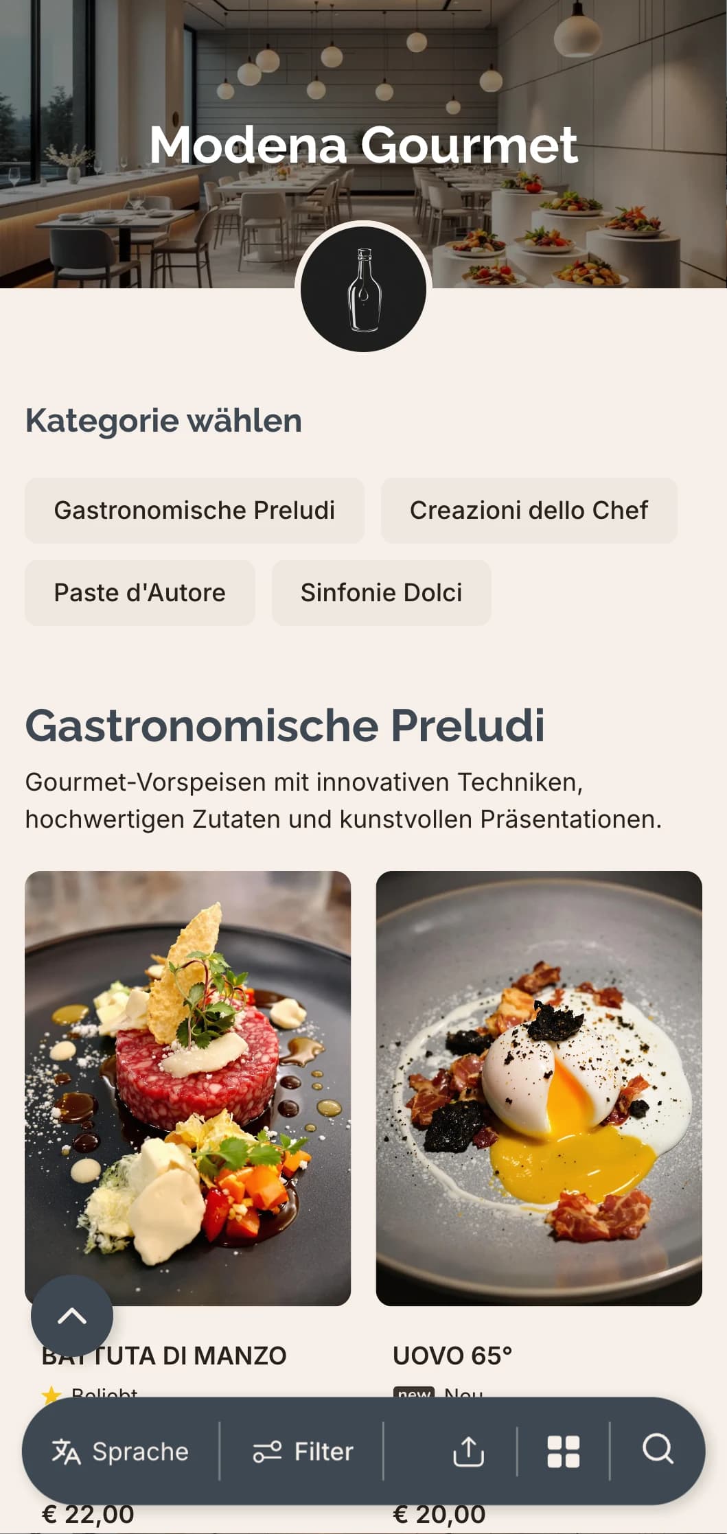 Ein raffiniertes, modernes Design, das die innovative kulinarische Szene und die balsamischen Traditionen von Modena feiert.