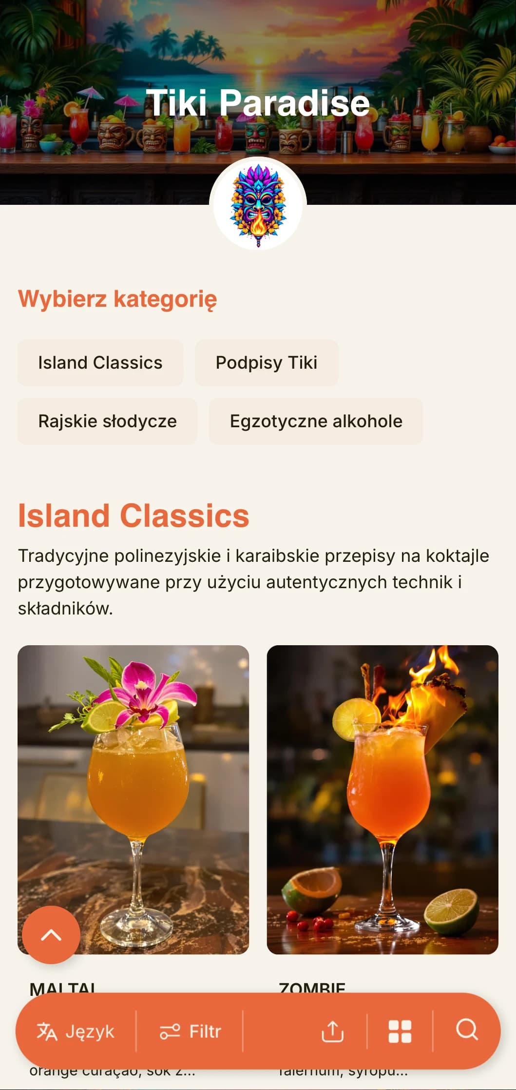 Egzotyczny, żywy projekt dla barów tiki i tropikalnych salonów koktajlowych z zabawną typografią i ciepłymi kolorami.