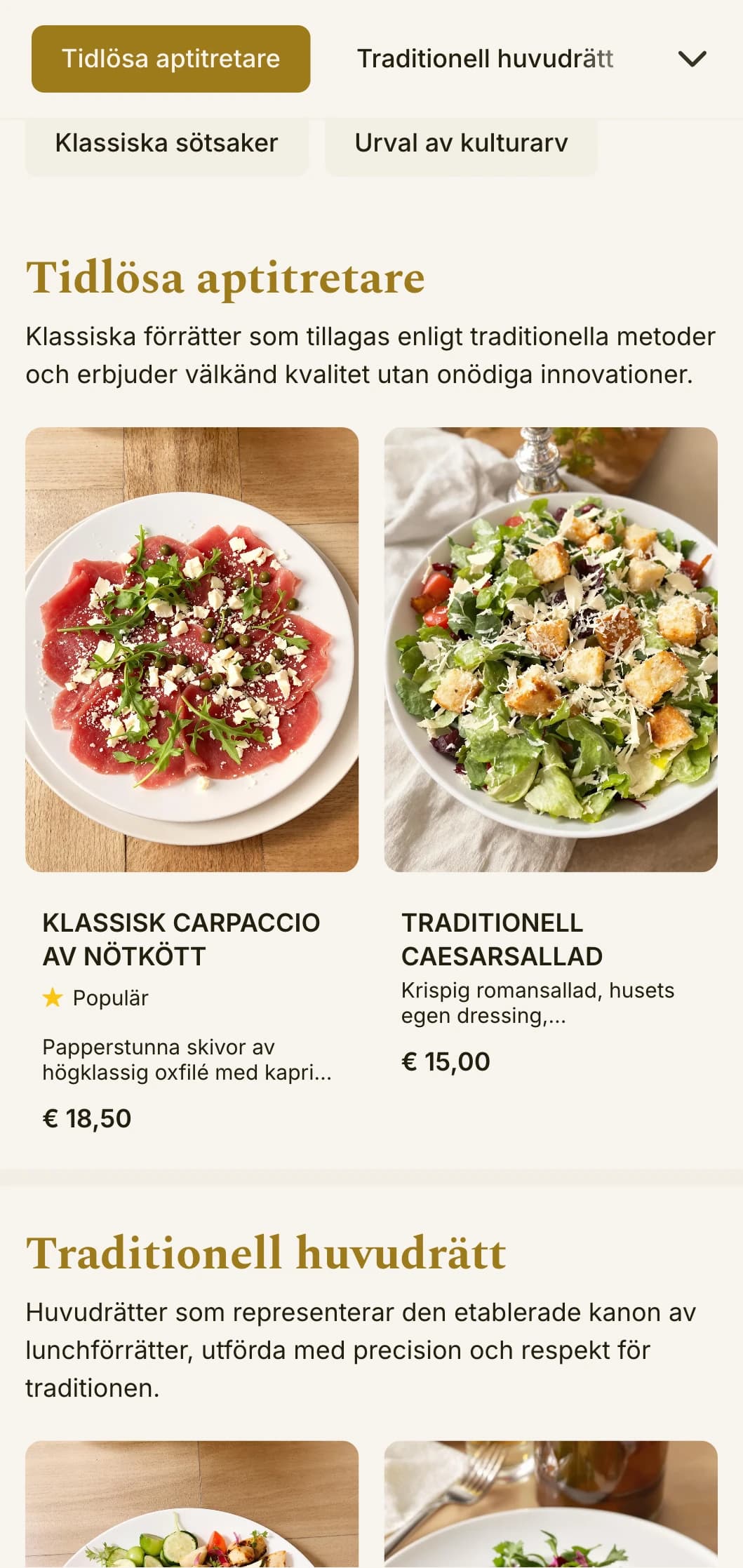 Tidlös, elegant lunchmenydesign med balanserad typografi och raffinerade mellanrum, lämplig för traditionella restauranger med etablerat rykte.