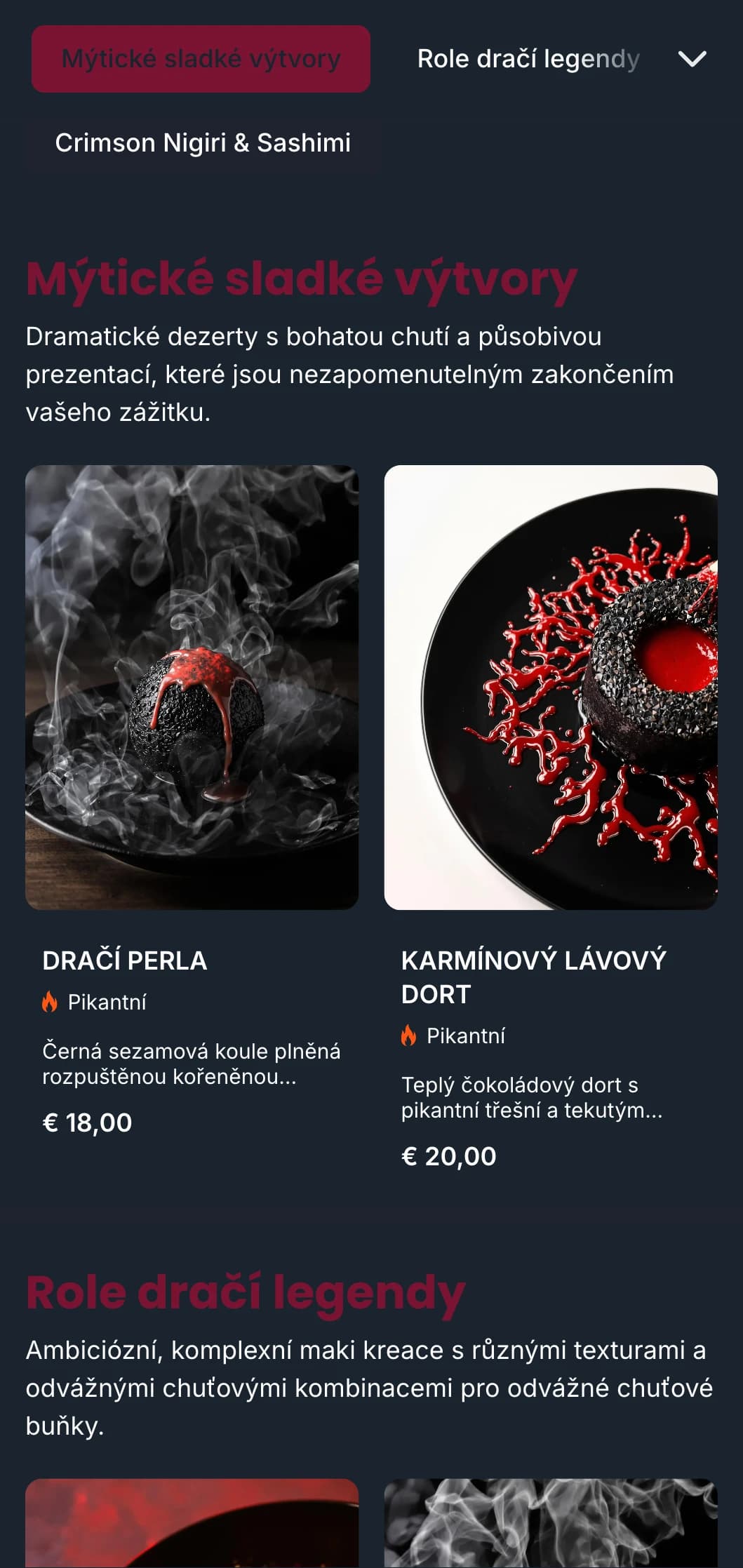 Odvážné, dramatické sushi menu se sytě červenými tóny inspirované tradiční japonskou dračí mytologií.