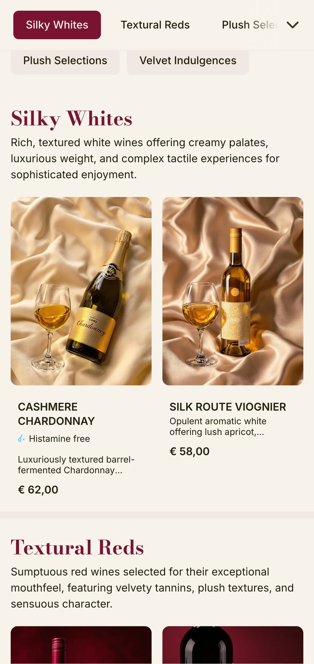 Richly textured wine list template with deep red velvet accents and luxurious elements, ideal for upscale wine cellars and intimate dining venues.