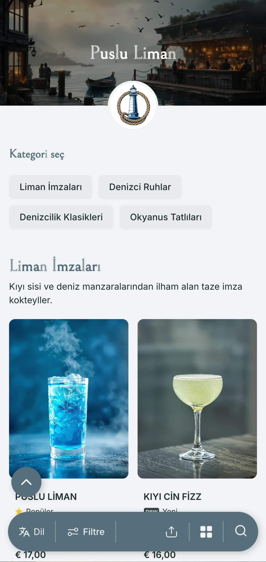 Deniz kıyısındaki barlar için puslu mavi-gri tonlar ve denizcilik unsurları içeren kıyıdan, limandan ilham alan bir tasarım.