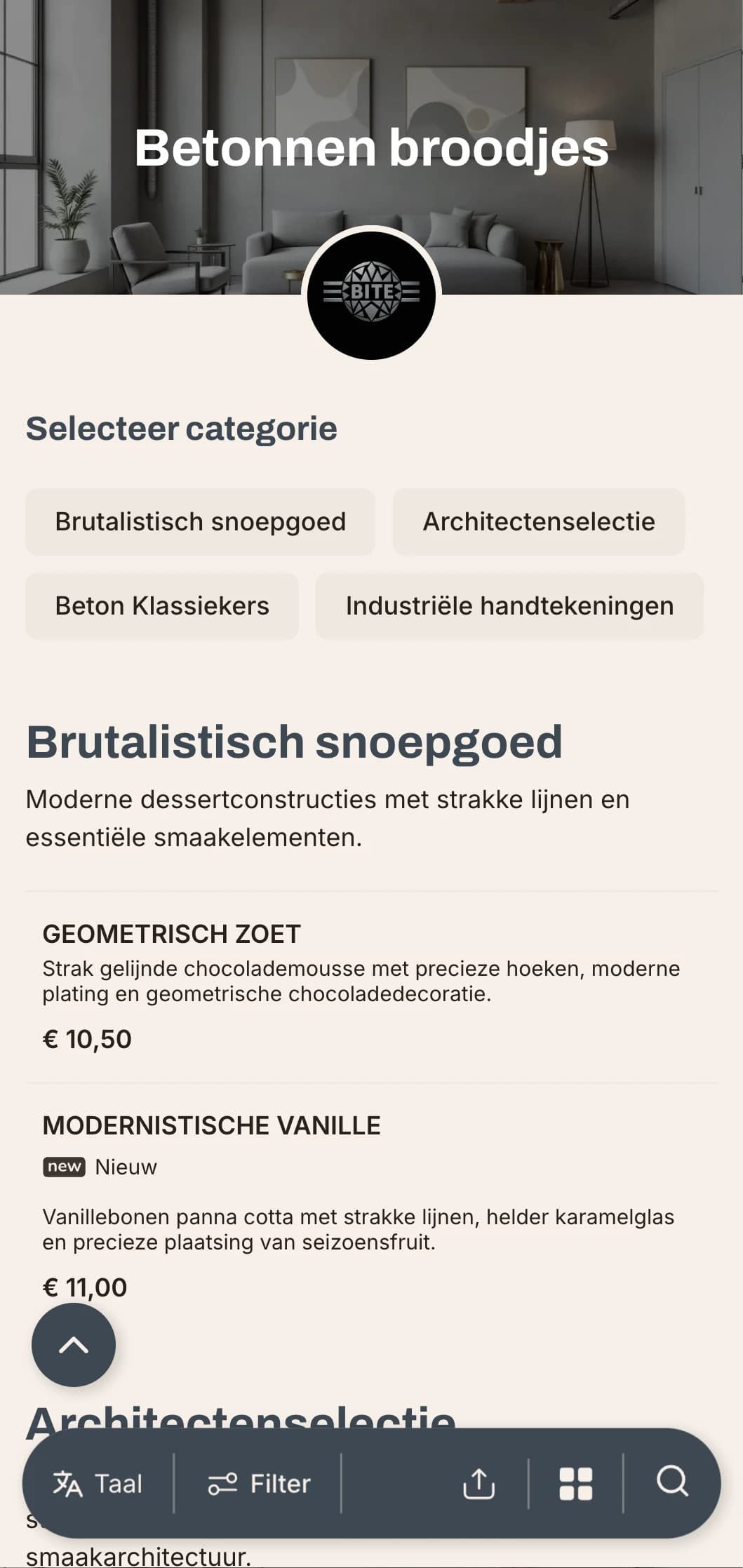 Industrieel-minimalistisch hamburgerconcept met betonnen texturen en strakke metalen afwerkingen voor de moderne stedeling.