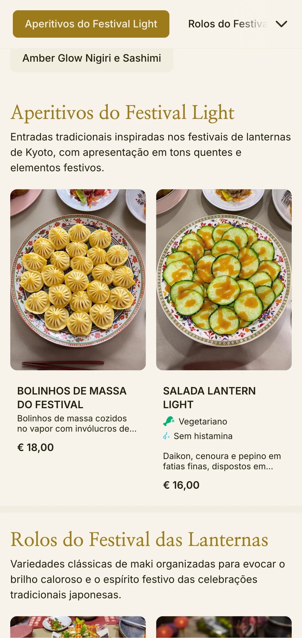 Menu de sushi tradicional inspirado em lanternas com tons quentes de âmbar para uma autêntica atmosfera japonesa.