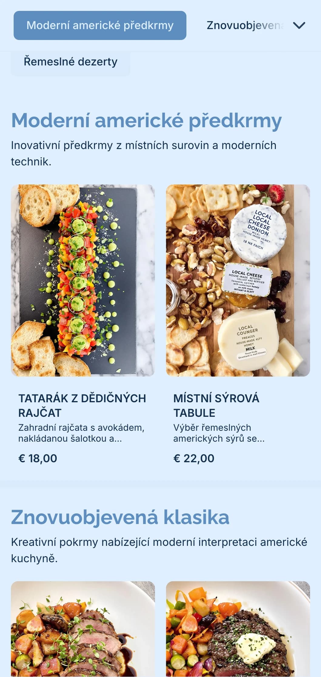 Moderní catering inspirovaný americkou kuchyní s místními surovinami, inovativními postupy a moderní prezentací pro náročné akce.