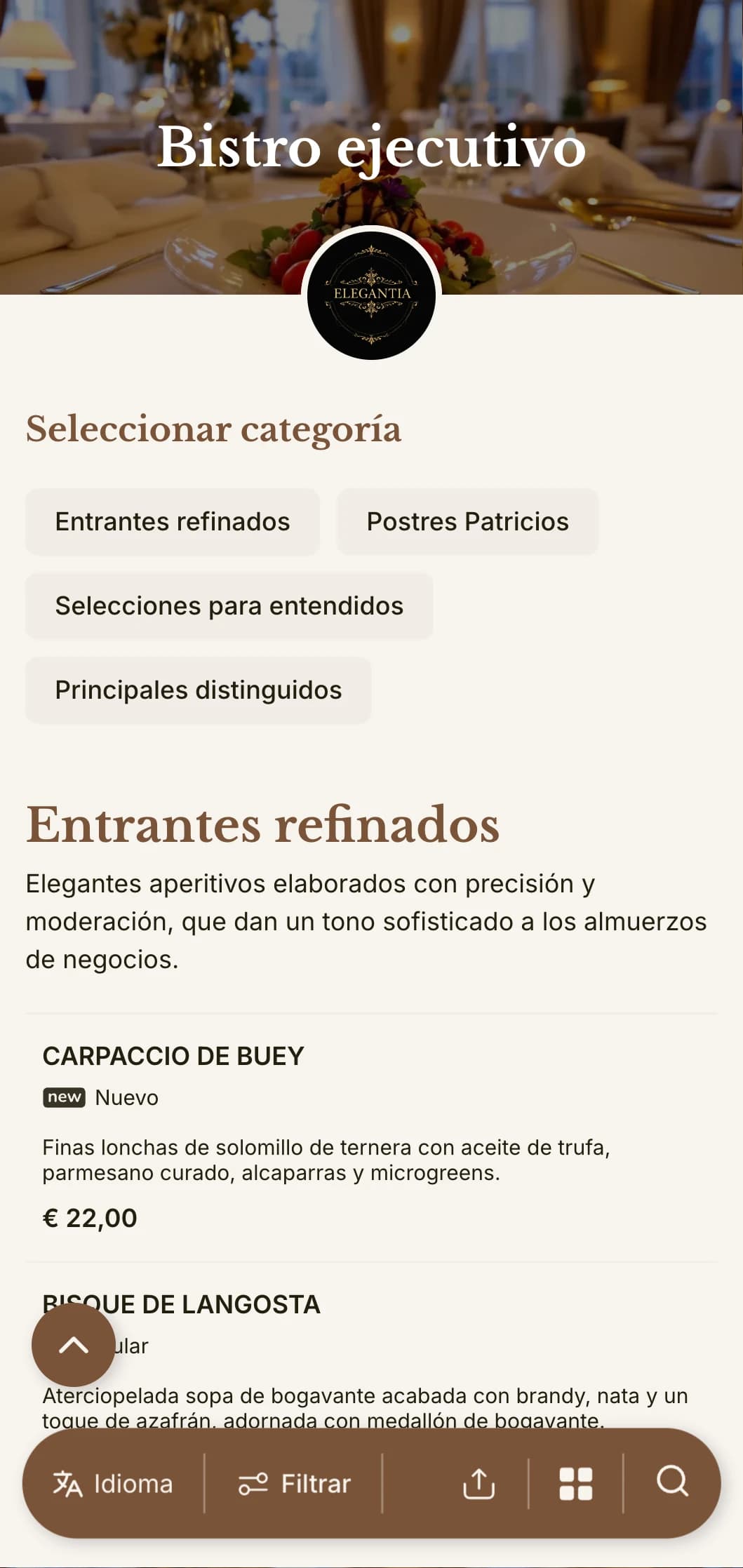 Sofisticado diseño de menú de almuerzo con tipografía refinada y espaciado elegante, pensado para restaurantes de hoteles de lujo y comedores de ejecutivos que atienden a profesionales de negocios.
