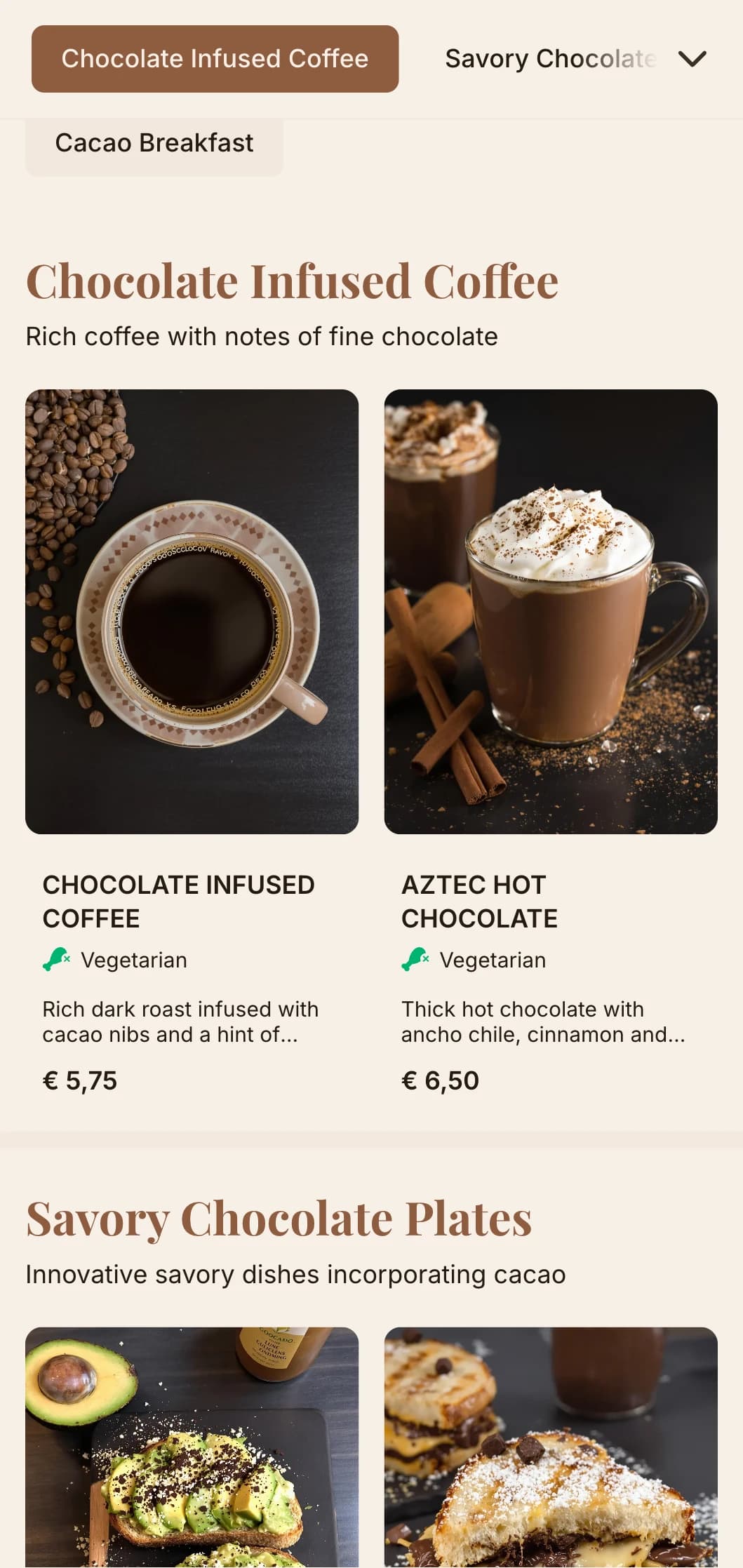 Deep brown design with rich textures for chocolate cafes and dessert shops.