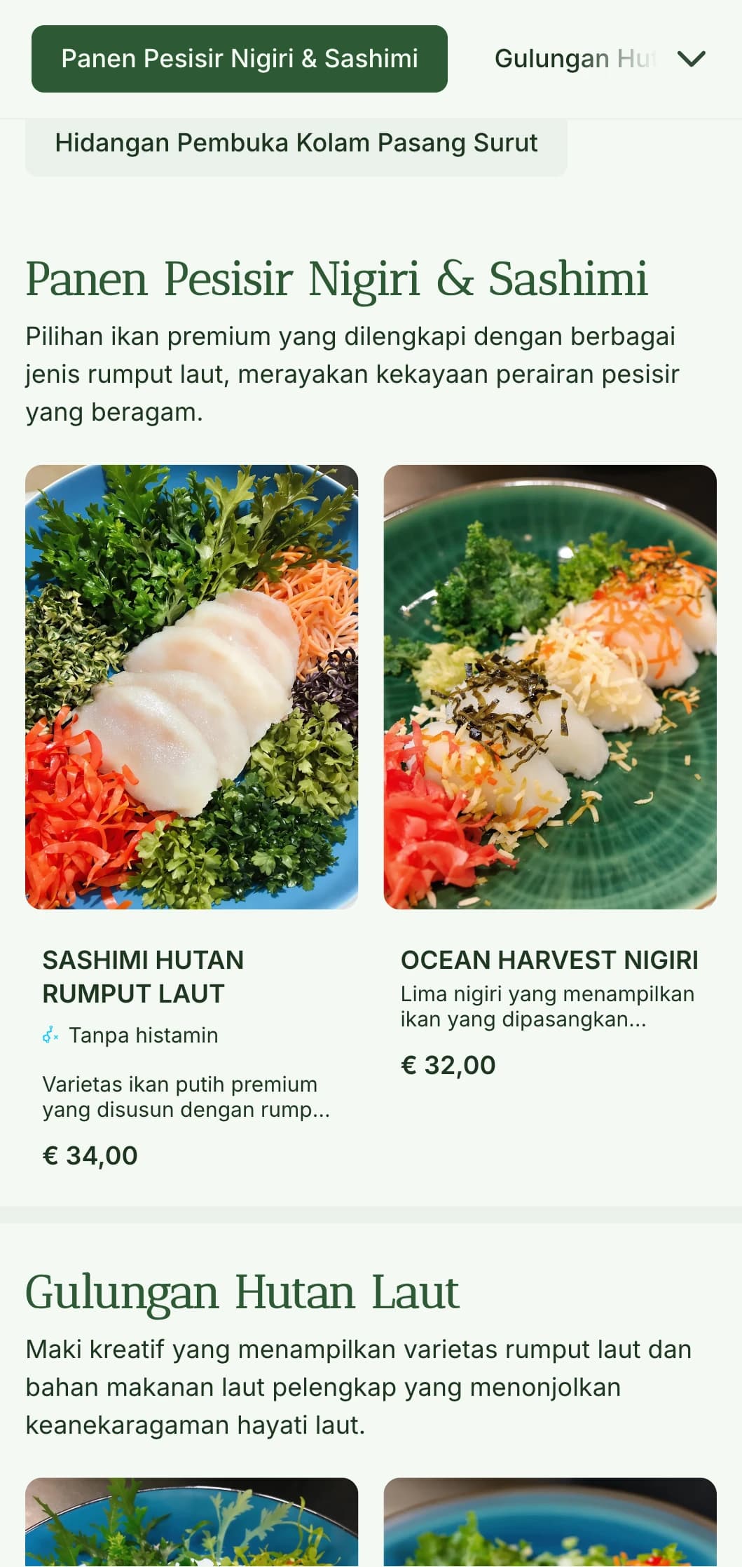 Menu sushi segar yang terinspirasi dari lautan yang menampilkan warna hijau rumput laut yang pekat untuk restoran hidangan laut yang otentik.
