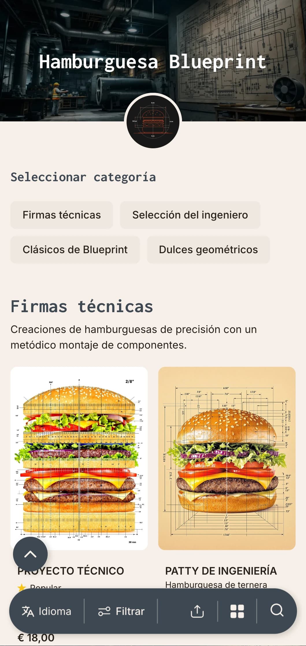 Dibujo técnico inspirado en el concepto de hamburguesa con precisión y elementos arquitectónicos.