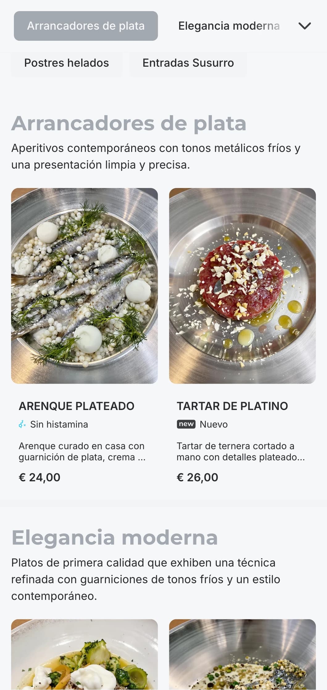 Concepto moderno y sofisticado con tonos plateados y sutiles elementos de lujo para una experiencia elegante y discreta.