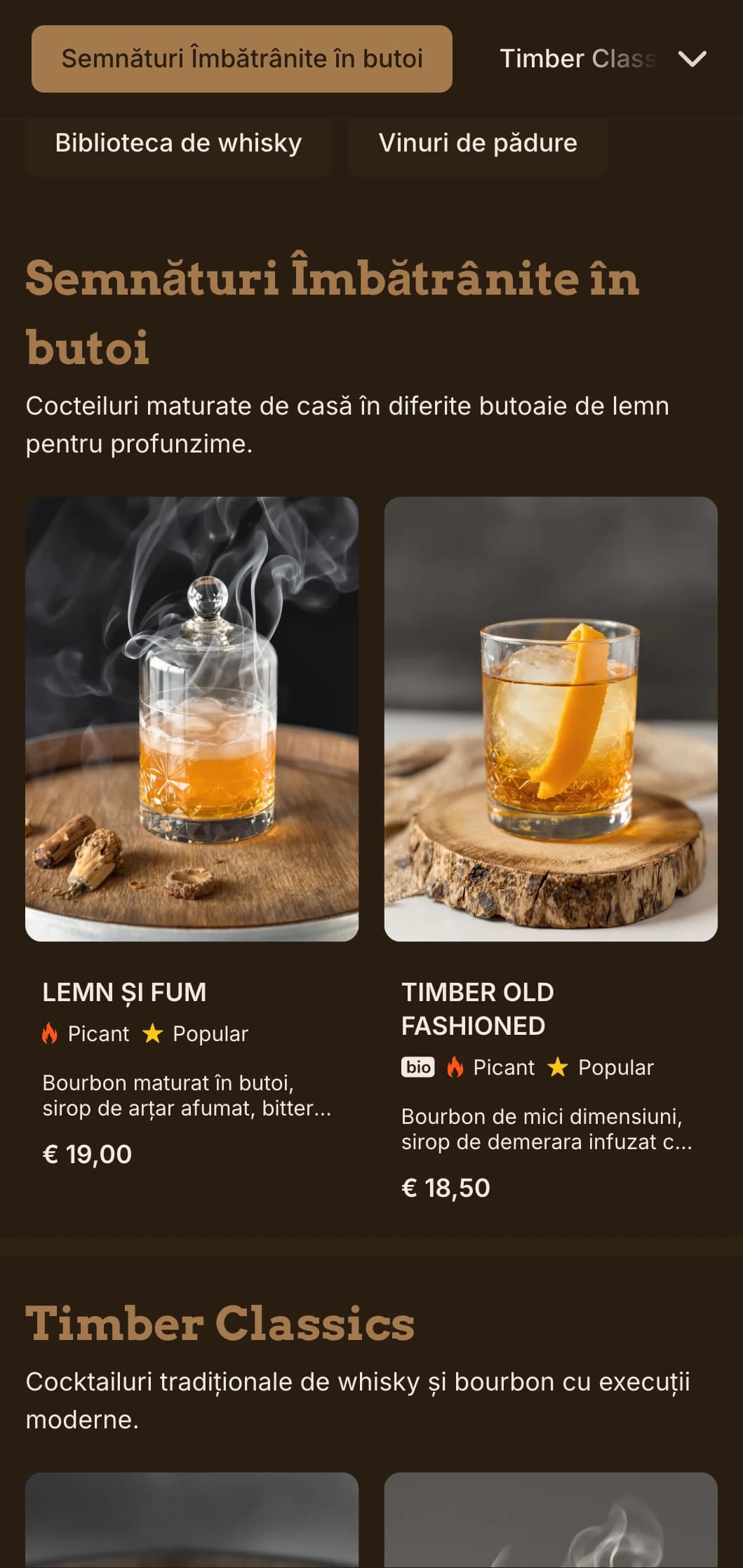 Design bogat, inspirat din lemn, care pune în evidență cocktailurile și whisky-ul preparat în butoi.