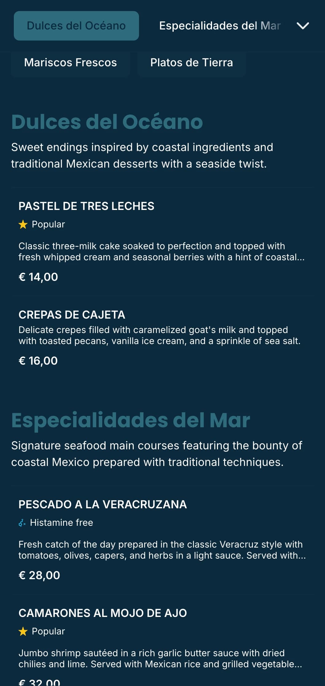 Fresh and breezy coastal Mexican menu design featuring seafood specialties with azure blue accents, subtle wave patterns, and beachside ambiance.