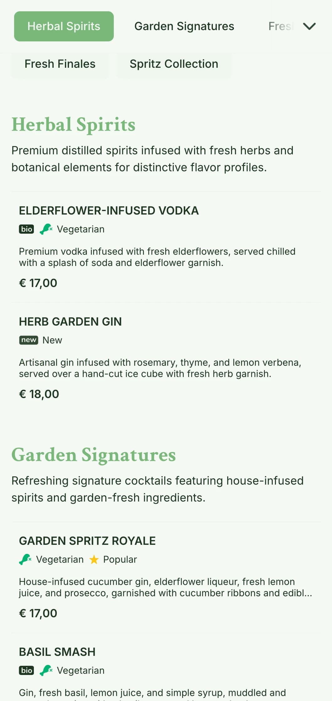 A fresh, garden-inspired design for bars specializing in spritzers and fresh botanical cocktails featuring light, airy typography.