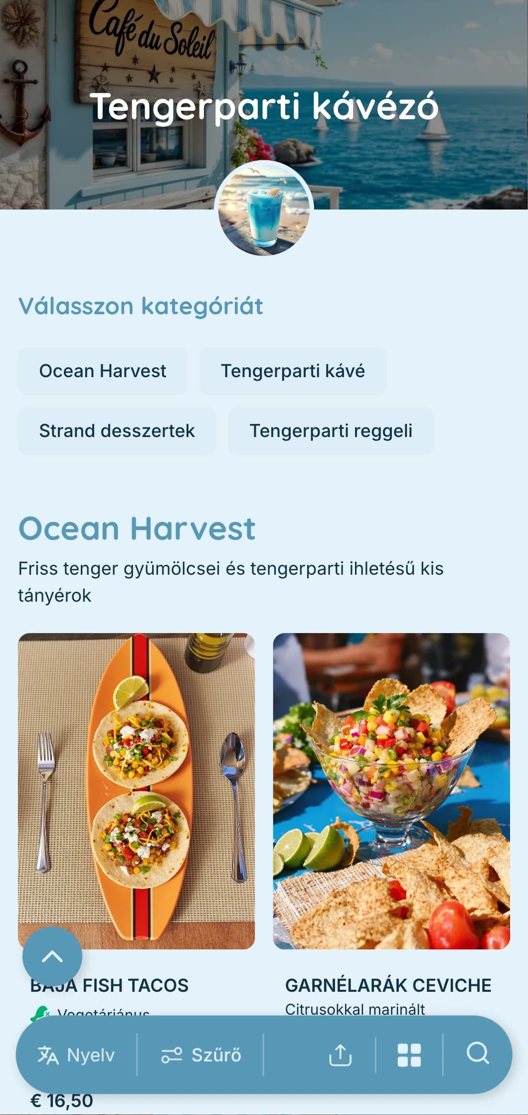 Szellős kék design tengerparti elemekkel tengerparti kávézók és tengerparti kávézók számára.
