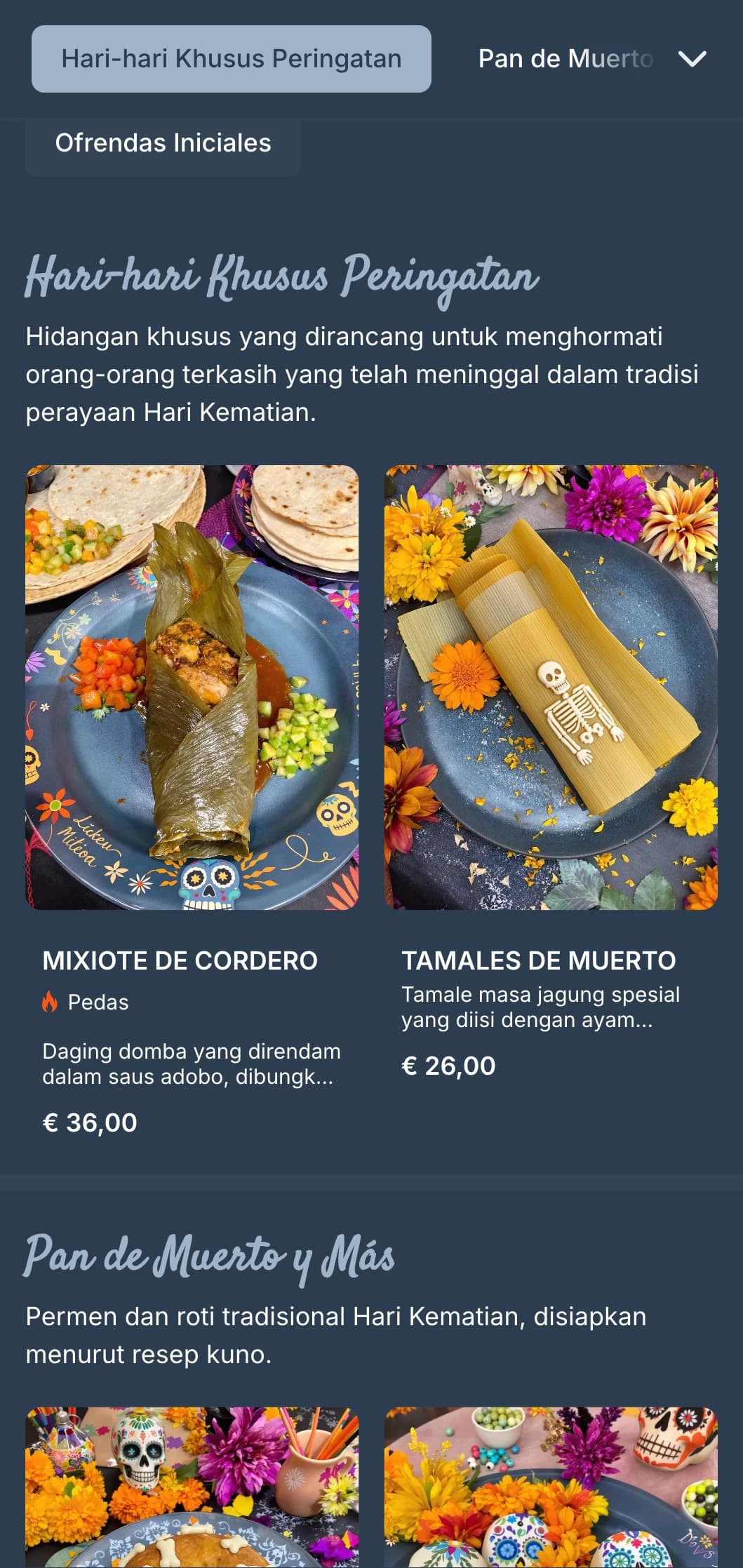 Menu bertema Hari Kematian yang artistik dan merayakan Hari Kematian yang menampilkan warna biru-abu-abu yang kaya, motif tengkorak gula, dan sajian musiman khusus.
