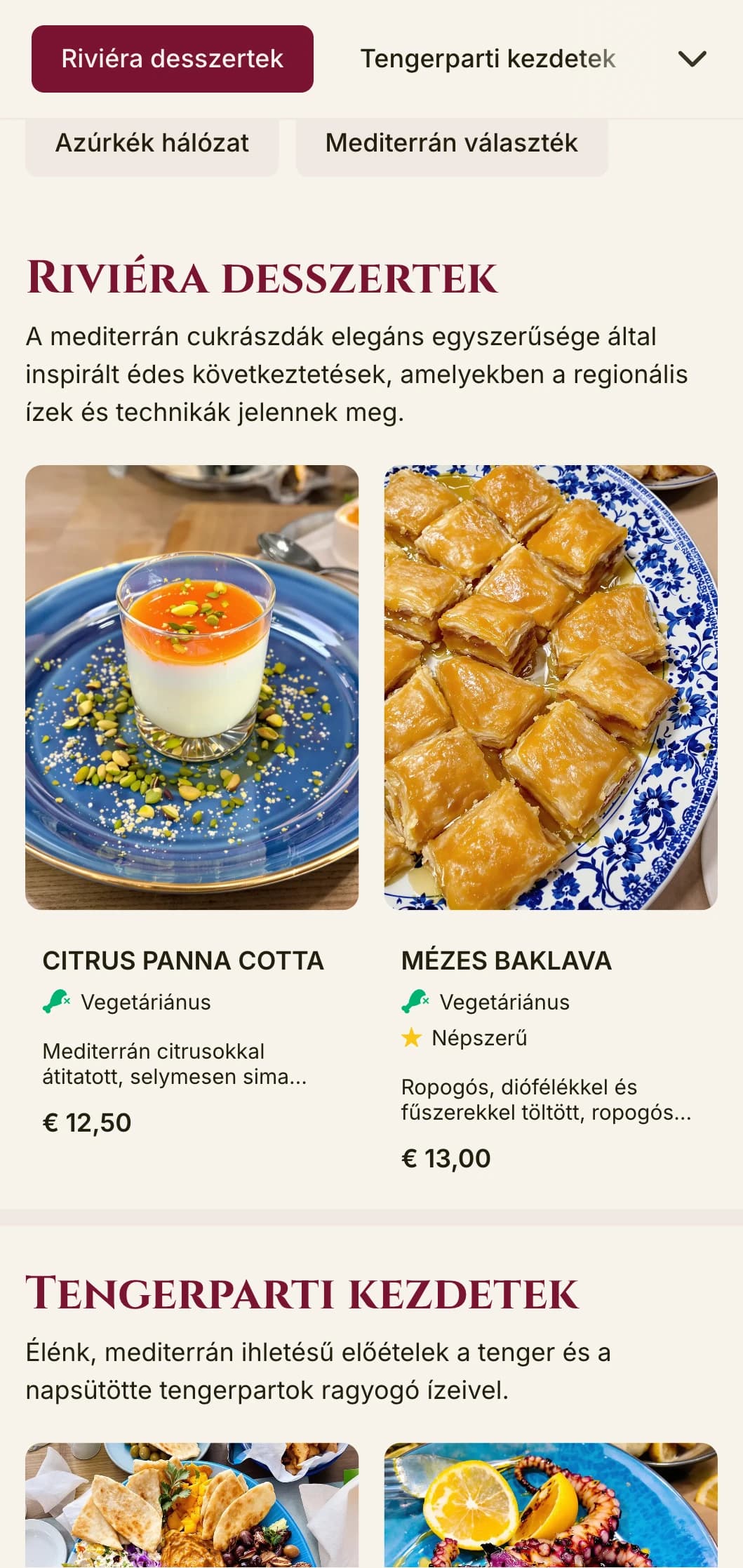 Feltűnő, mediterrán ihletésű ebédmenü-dizájn élénk hangsúlyokkal és elegáns elrendezéssel, amely tökéletes az előkelő tengerparti éttermek és nyaralóhelyi éttermek számára.