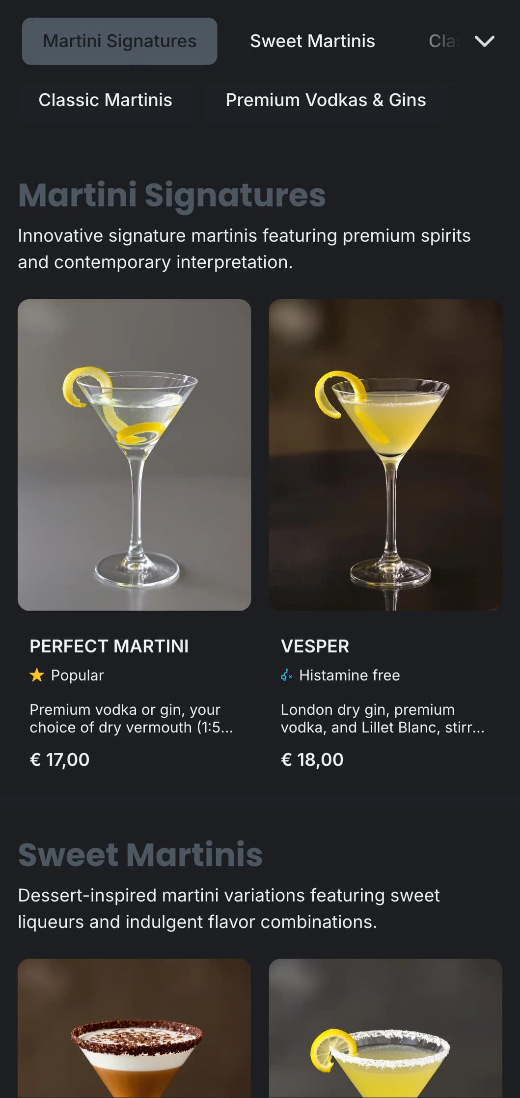 A sleek, metropolitan design for urban martini bars featuring cool gray tones and clean typography.