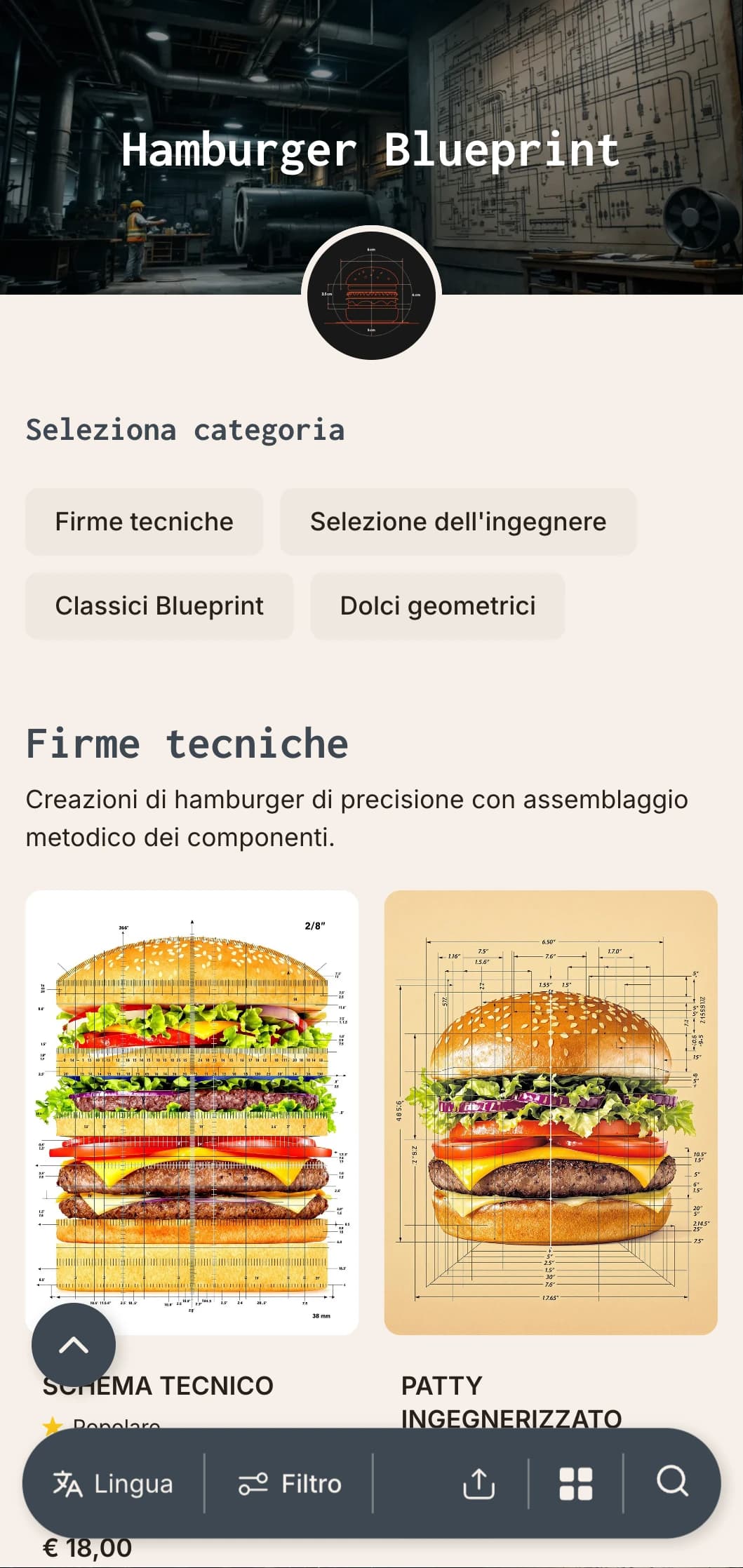 Disegno tecnico ispirato al concetto di hamburger con precisione ed elementi architettonici.