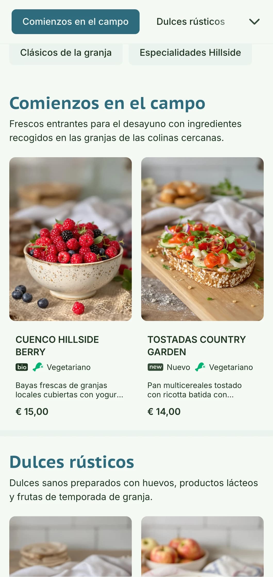 Desayunos saludables con ingredientes frescos del país en una presentación luminosa y natural con encanto rústico.