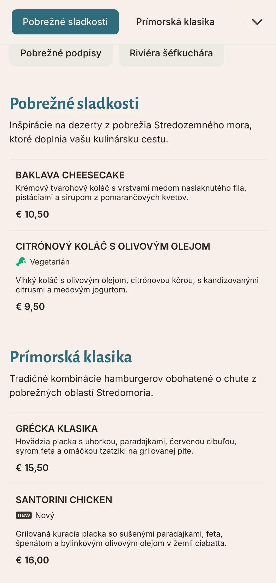 Ponuka hamburgerov inšpirovaná pobrežím so stredomorskými modrými akcentmi a zameraním na čerstvé suroviny.