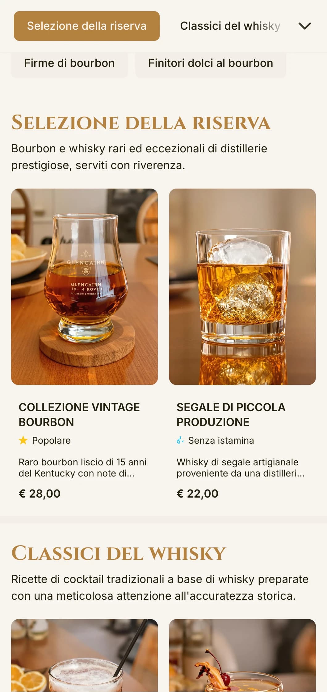 Un design elegante e raffinato per bourbon bar e whisky lounge, caratterizzato da una tipografia vintage e da caldi accenti ambrati.