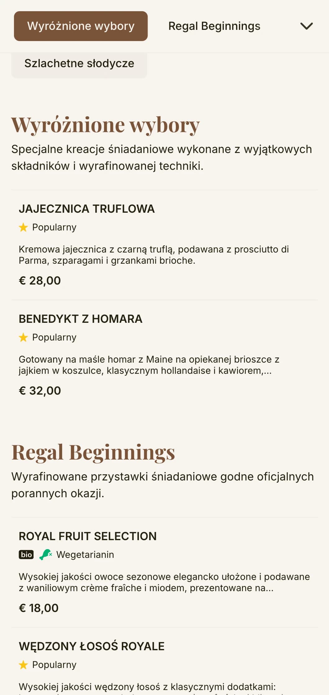 Wyrafinowane śniadanie z najwyższej jakości składnikami i elegancką prezentacją godną rodziny królewskiej.
