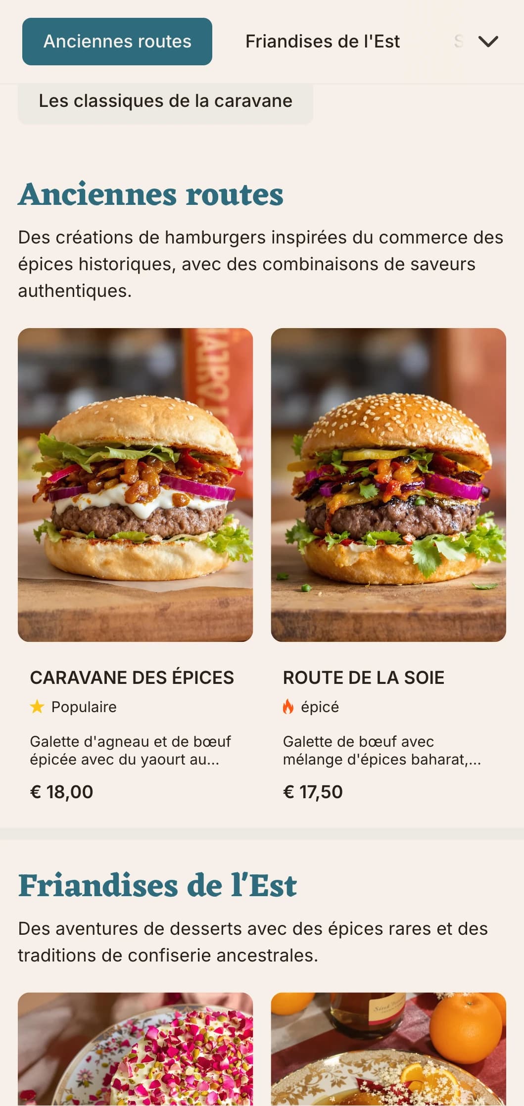 Menu de hamburgers inspiré des anciennes routes commerciales, avec des combinaisons de saveurs historiques.