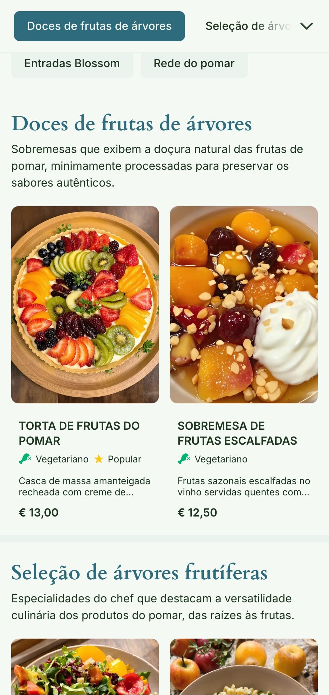 Design de cardápio de almoço frutífero, inspirado em pomares, com elementos sazonais e abundância natural, ideal para restaurantes que usam frutas de árvores e produtos de pomares.