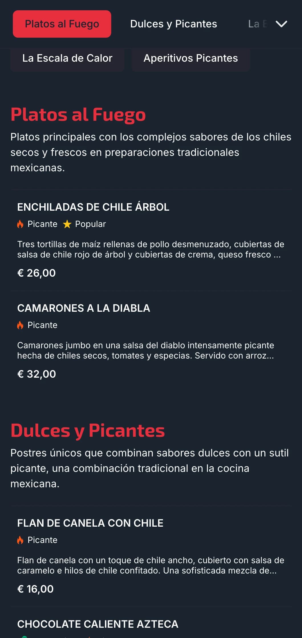 Menú atrevido y picante con vibrantes toques de chile rojo, platos picantes y salsas especiales para comensales aventureros.