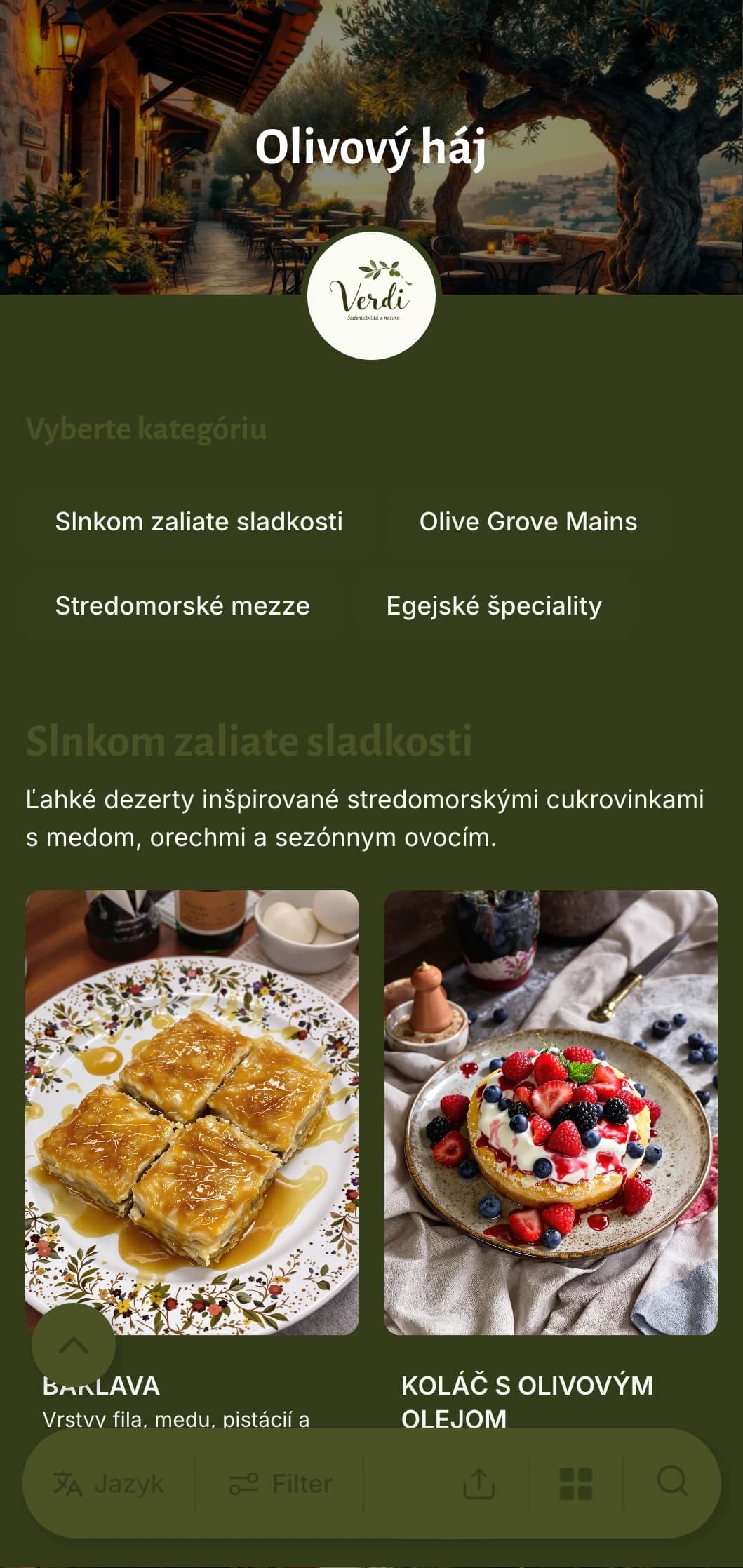 Večerné menu inšpirované stredomorskou kuchyňou s olivovo zelenými tónmi a rustikálnymi prvkami je ideálne pre grécku alebo stredomorskú kuchyňu.
