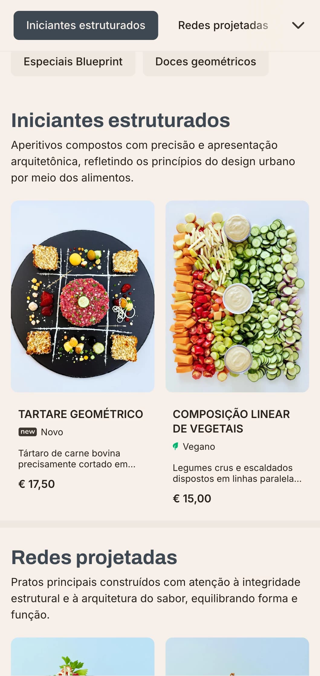 Design arrojado e arquitetônico de cardápio de almoço com linhas fortes e elementos urbanos, ideal para restaurantes contemporâneos em distritos comerciais e empreendimentos modernos.