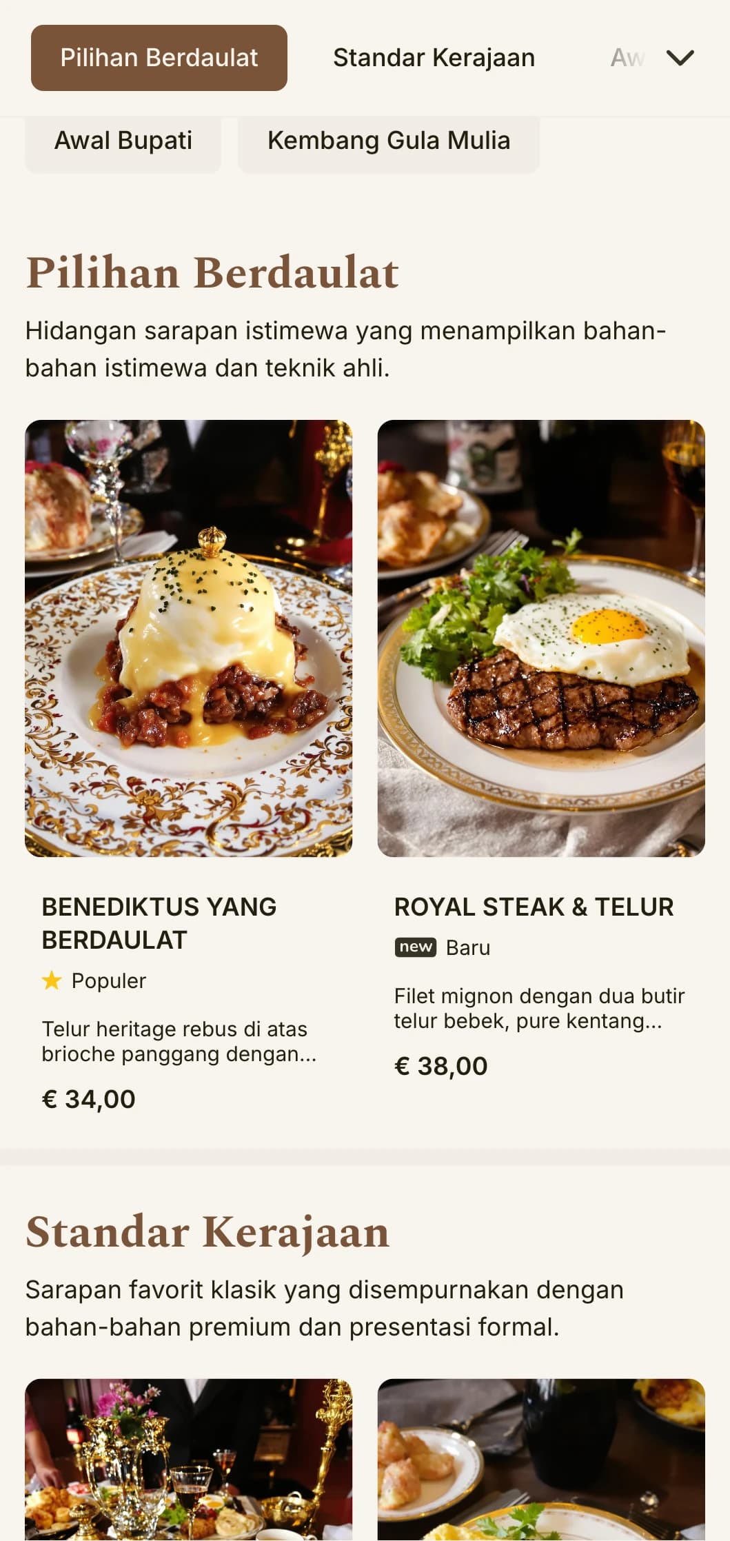 Hidangan pagi yang mewah terinspirasi dari santapan hotel mewah, disajikan dengan formalitas yang elegan dan bahan-bahan premium.