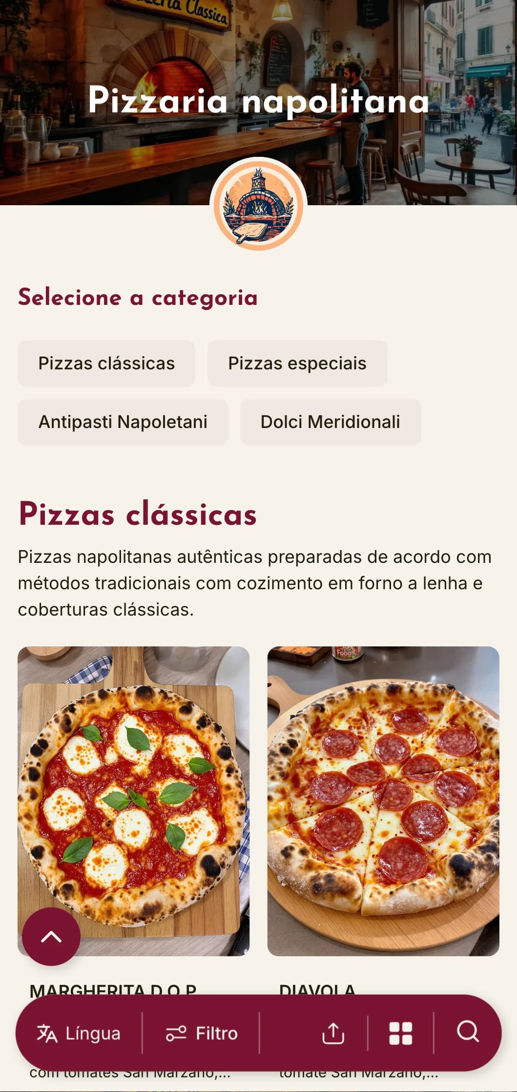 Design vibrante com cores quentes e elementos rústicos que celebram a tradição da pizza de Nápoles e o estilo do sul da Itália.